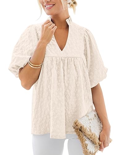 MASCOMODA Womens Summer Tops 2026 Ruffle V Neck Blouses Loose