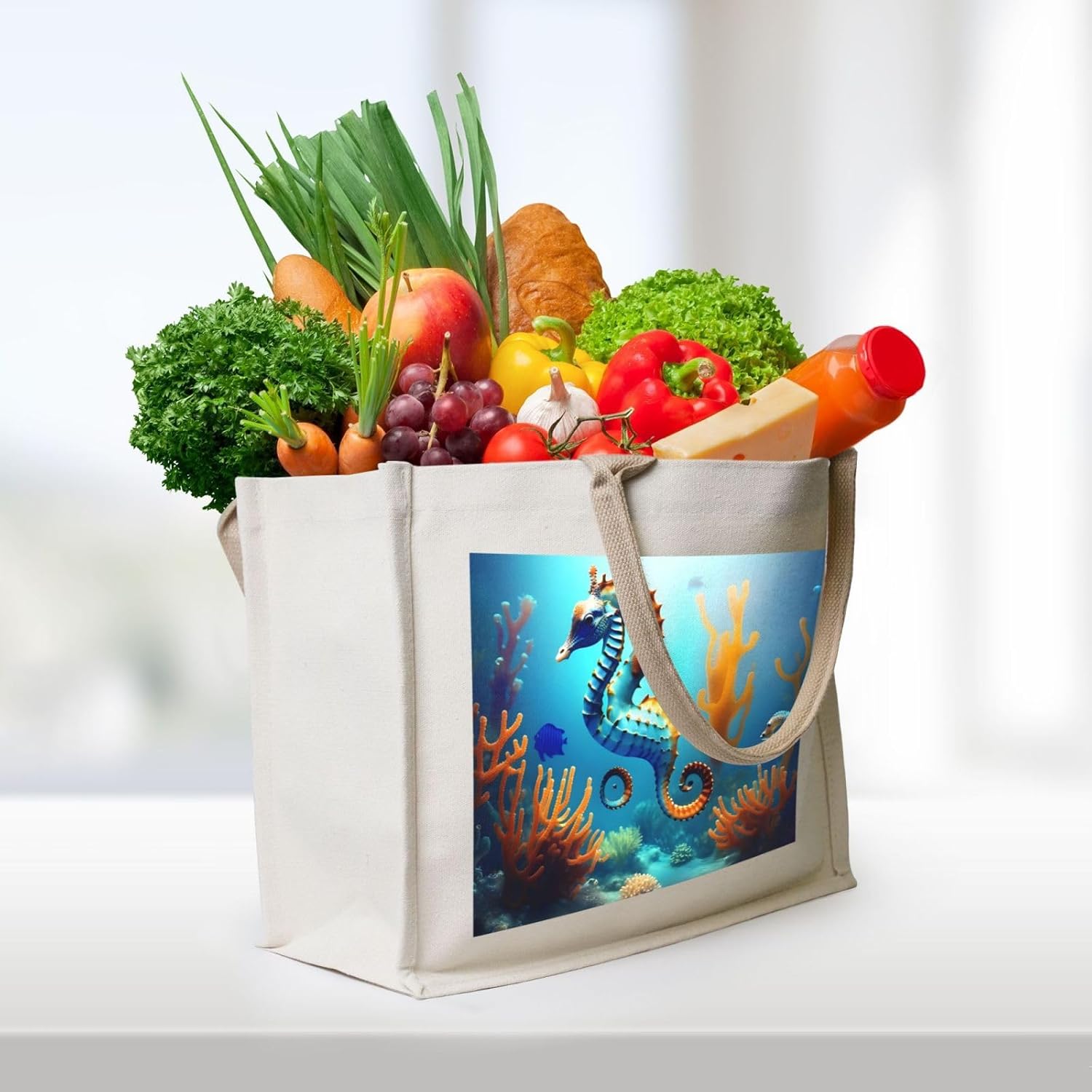 海底コーラルタツノオトシゴキャンバスキャリートートバッグ &ndash; エコフレンドリーで再利用可能なショッピングバッグ、女性用ショルダーバッ