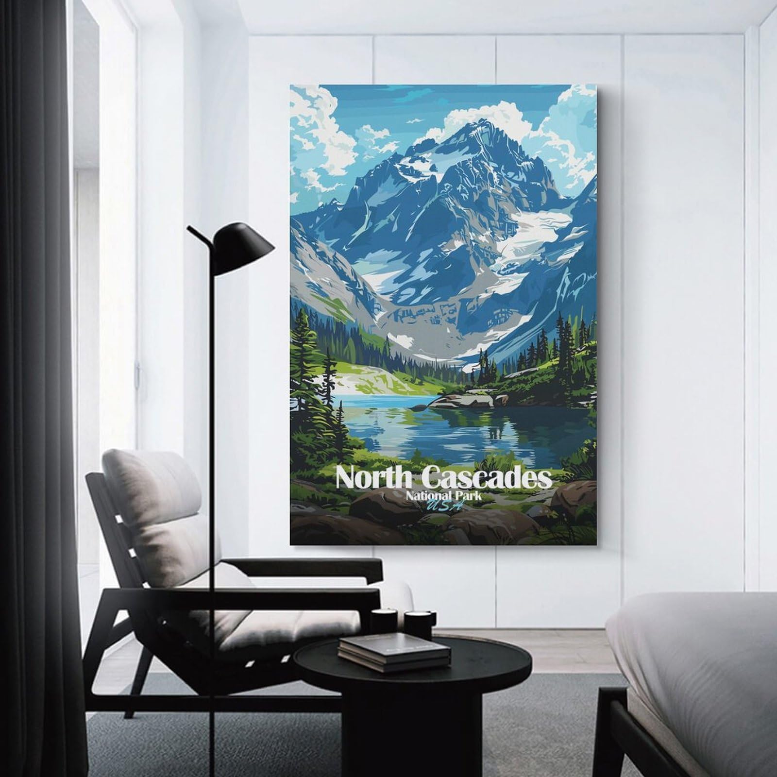 Junmoney North Cascades National Park Illustration Canvas Wall Picture 16x24inch(40x60cm), for Contemporary Homes, Apartments Or Offices, Wall Decor with Flexible Room Appeal