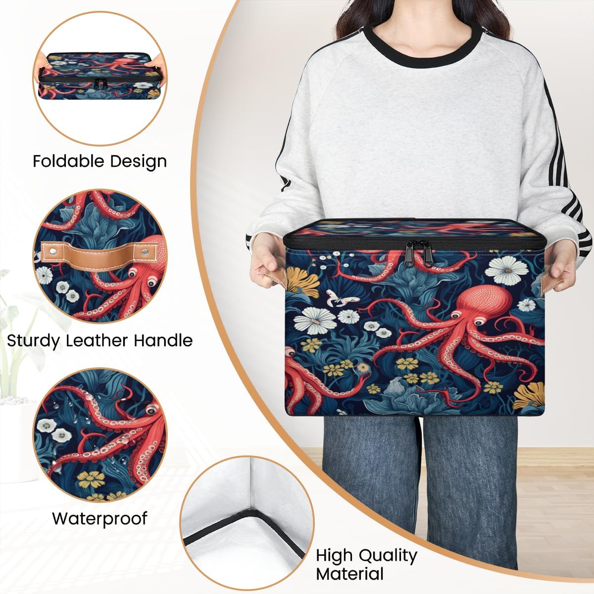 Storage Bin Set of 2 Flower Octopus Storage Basket with Zipper Lid & Handle Foldable Closet Shelf 2 Pack Cloth Organizer Basket Cube Bins Clothes Organizer for Nursery, Bedroom
