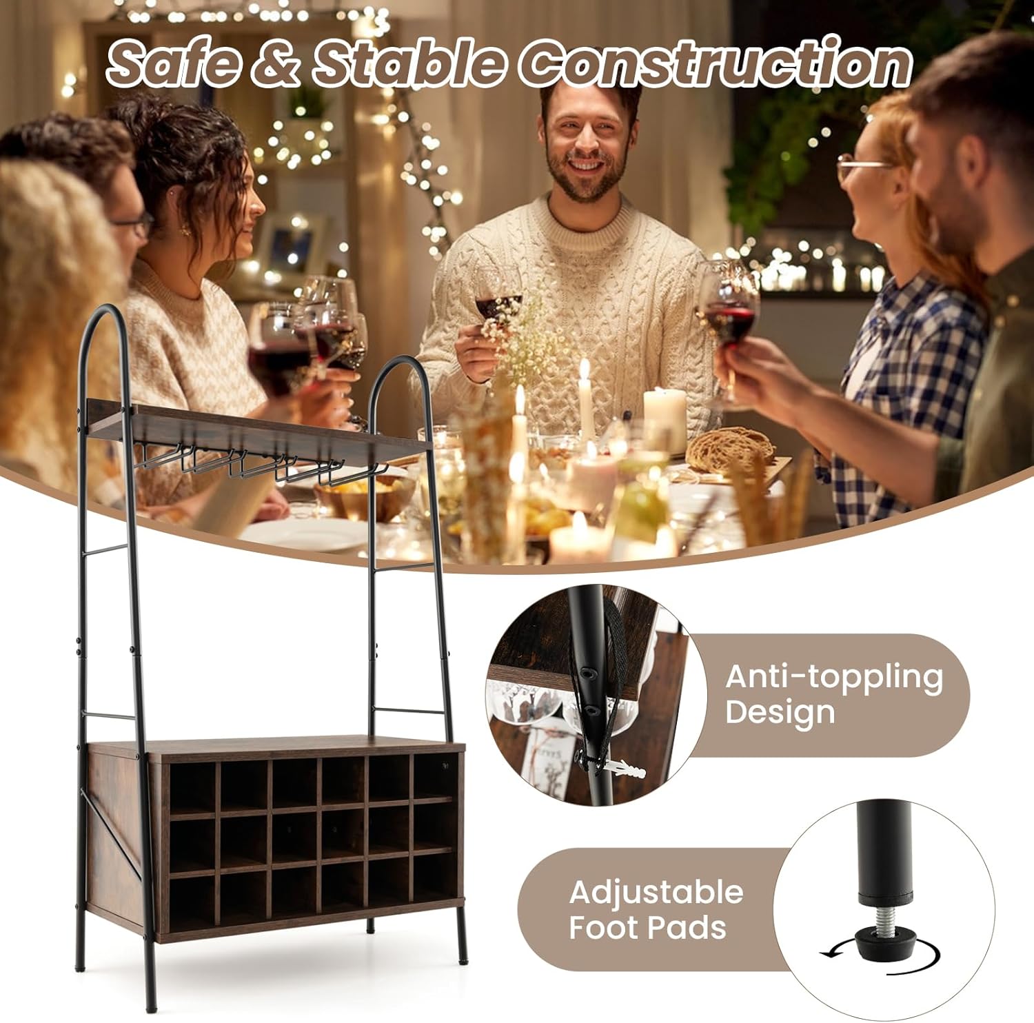 GOFLAME Wine Rack Freestanding Floor, Industrial Wine Bar Rack with Removable 18-Bottle Wine Rack, Stemware Holder for 15 Glasses, 2 Open Shelves, Wine Holder Stand for Kitchen, Dining Room, Bar