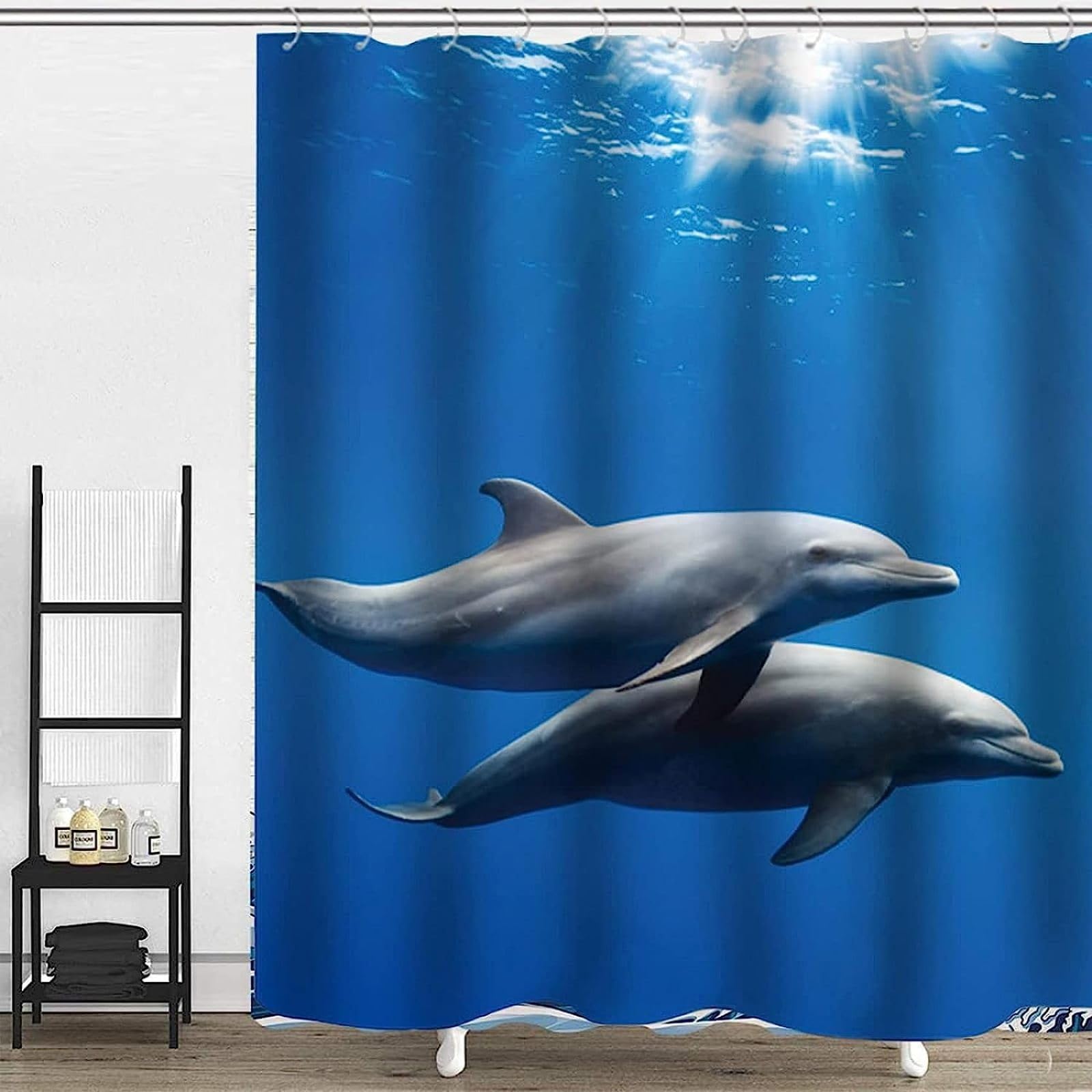 Tenda Doccia Antimuffa 180x180 Cm Con Stampa Delfini - Tessuto Impermeabile Poliestere, 12 Anelli, Lavabile (Blu Oceano)