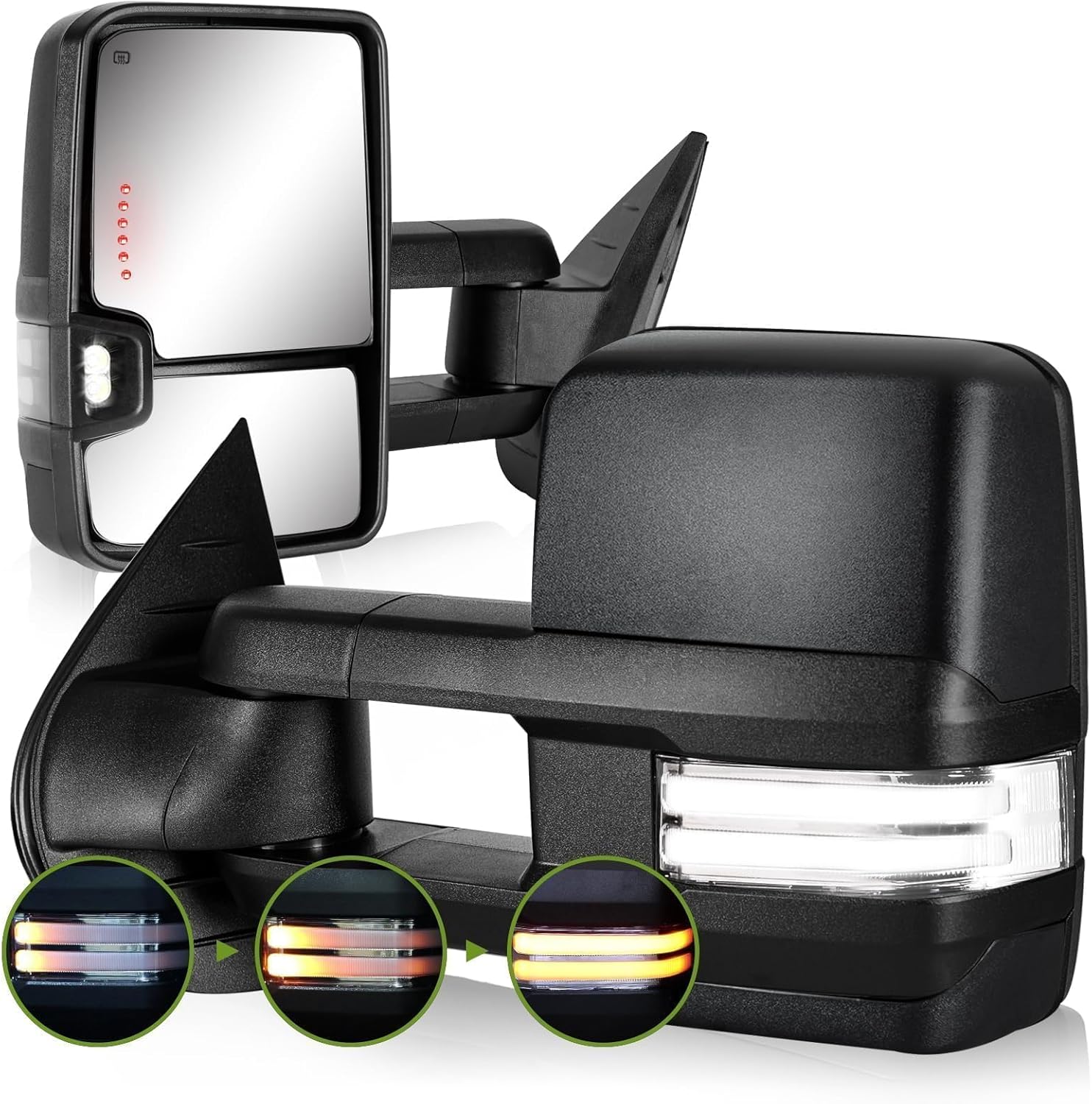 Switchback Towing Mirrors for 2007-2013 Chevy Silverado Avalanche Suburban Tahoe/GMC Sierra Yukon Side Mirrors with Power Heated Dynamic Signal Running Light Pair Set(Textured Black)