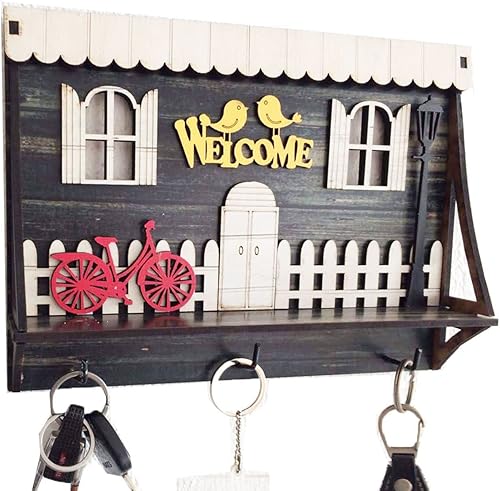 Miniatura 1 de Pratik Dekor Soporte de madera para llaves de pared, 3 ganchos de bienvenida, con organización de regalo de bicicleta, color verde