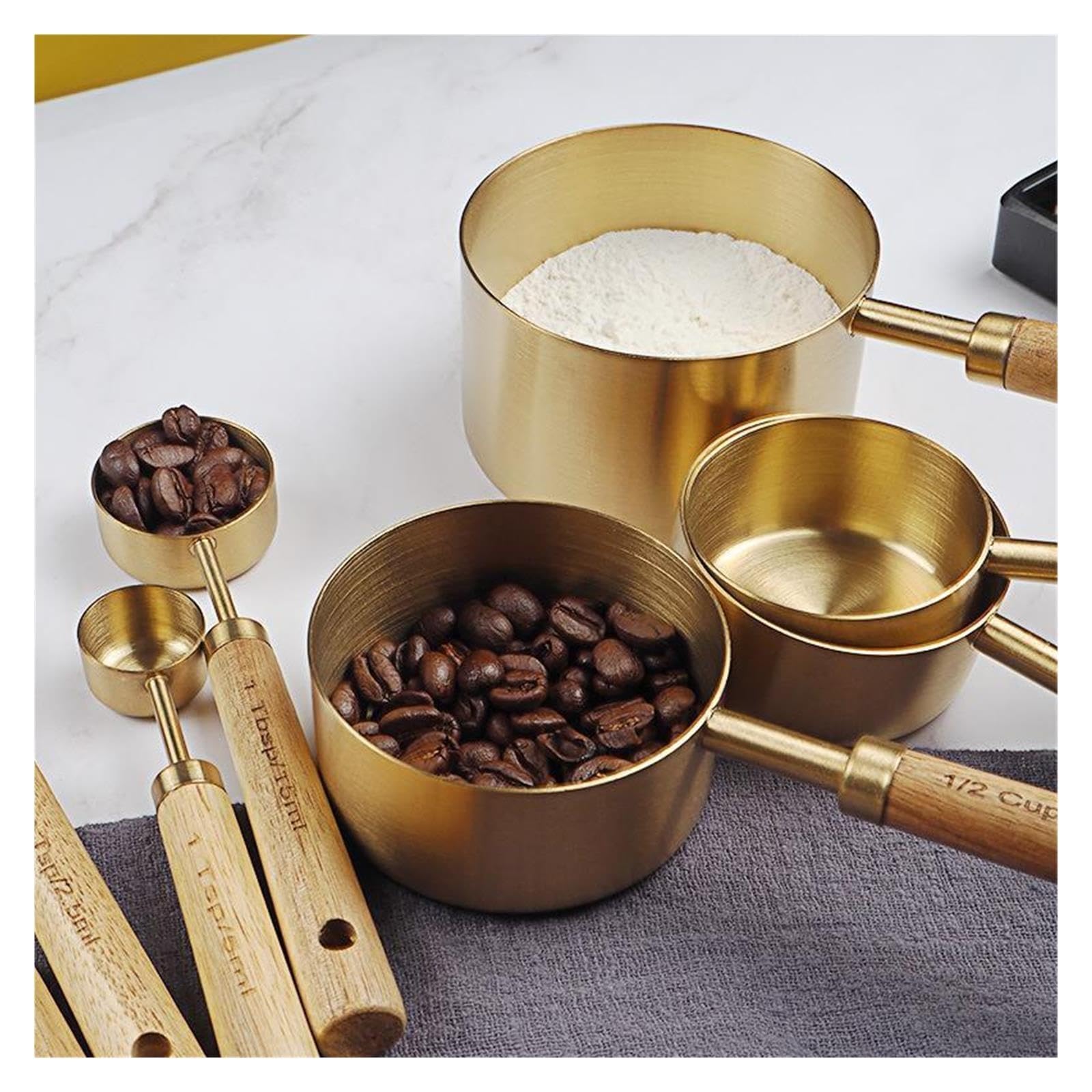 4/8pcs Tasses et cuillères doseuses, manche en bois inox