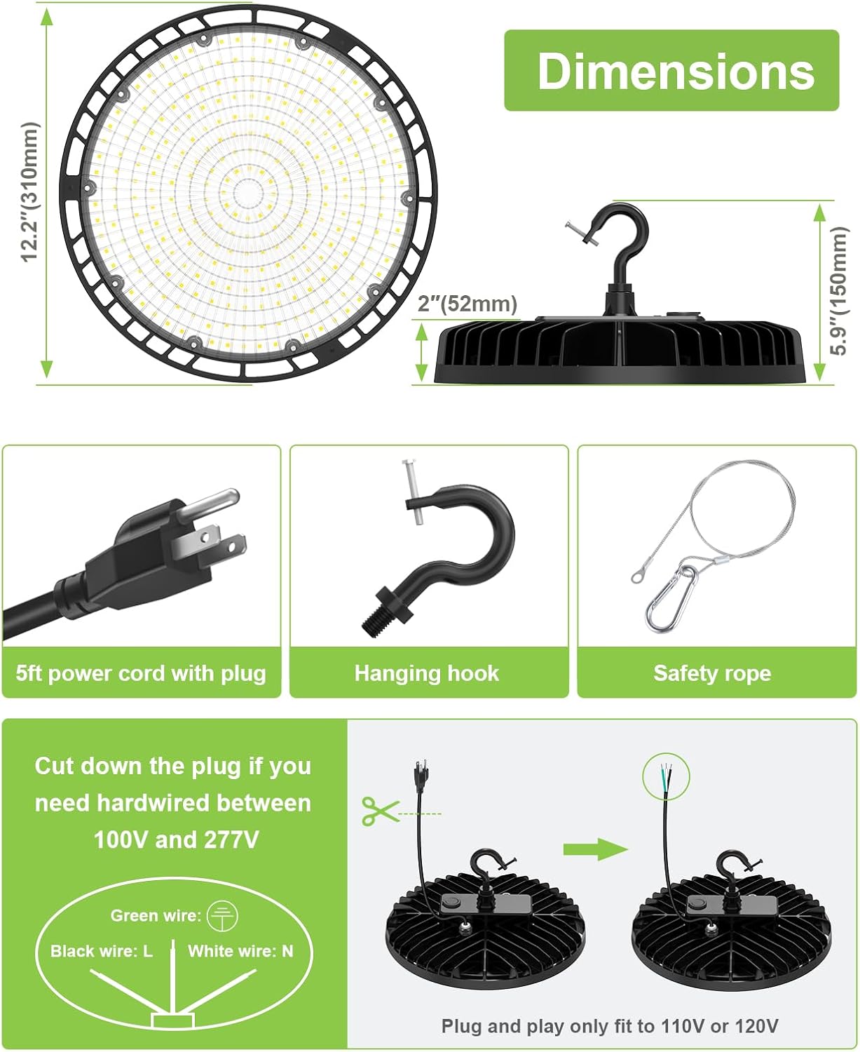 KUKUPPO 2Pack 240W LED High Bay Light Color Changeable, Dimmable LED UFO High Bay Shop Light with Plug Power Adjustable Commercial Bay Lighting for Warehouse Indoor, 100-277V, ETL&DLC Listed