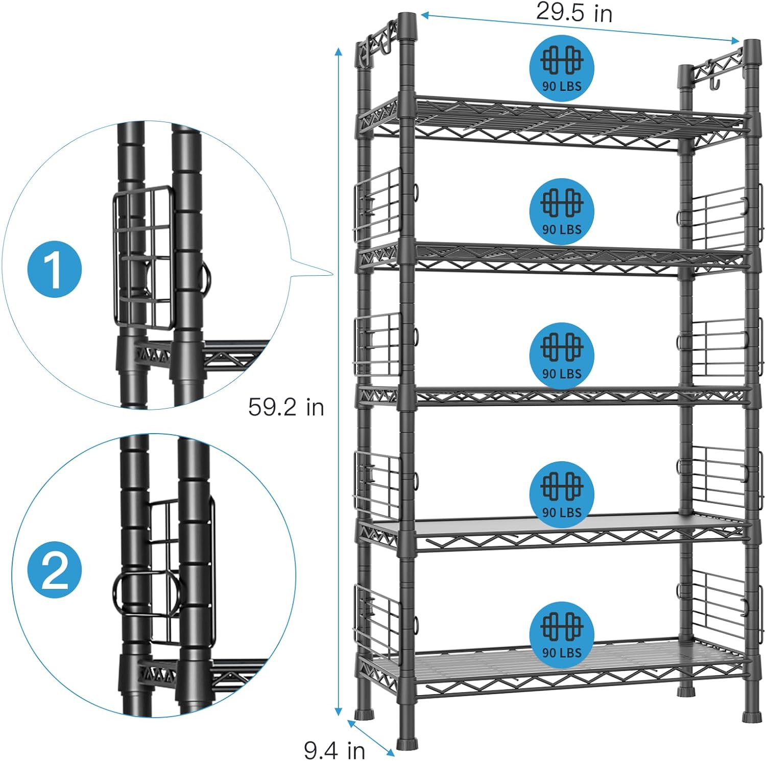 FUTASSI Large Metal Storage Rack, Storage Organizer Shelves for Kitchen, Bathroom, Living Room, Balcony and Garage, 5 Tiers Narrow Bookshelf, 29.5" W x 9.4" D x 59.2" H, Load 480lbs, Black