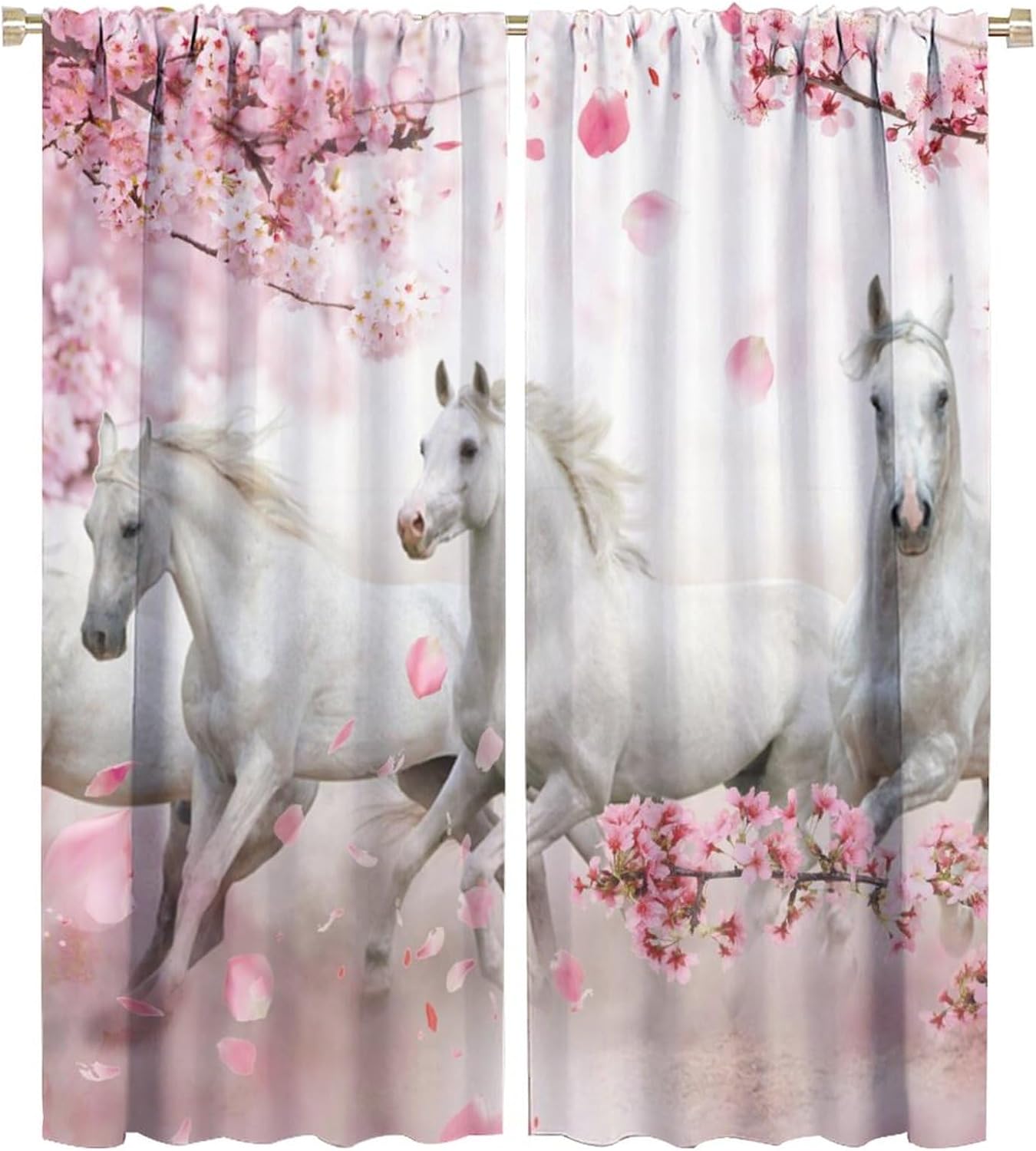 Beautiful White Horse Blackout Curtains for Bedroom,Realistic Modern Farm Animal Horse Cherry Blossoms Room Darkening Window Curtains with Rod Pocket - 2 Panels 54" L x 21" W