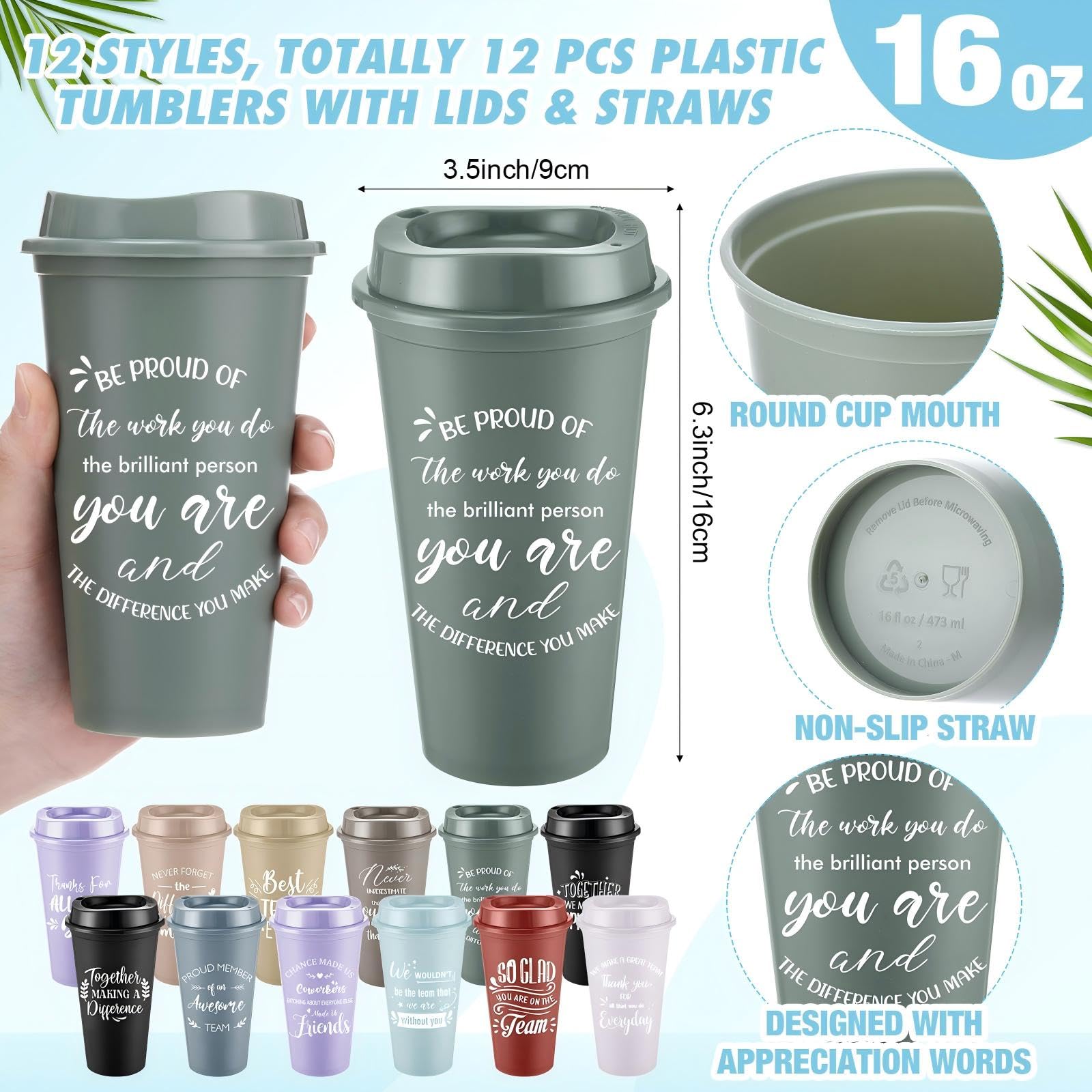 LemonRoad Lot de 36 gobelets en plastique de 473,6 g avec couvercle et paille inspirants pour tasse à café inspirante - Mini carnets à spirale et stylos - Cadeau de remerciement pour le personnel et