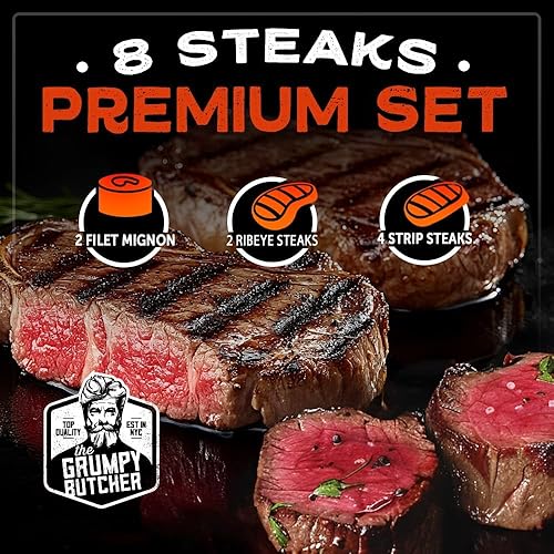 Miniatura 2 de Grumpy Butcher - Juego de 8 filetes premium, 4 tiras NY (10 onzas), 2 filetes de ribeye (14 onzas), 2 filetes grandes Mignons (8 onzas), cesta de