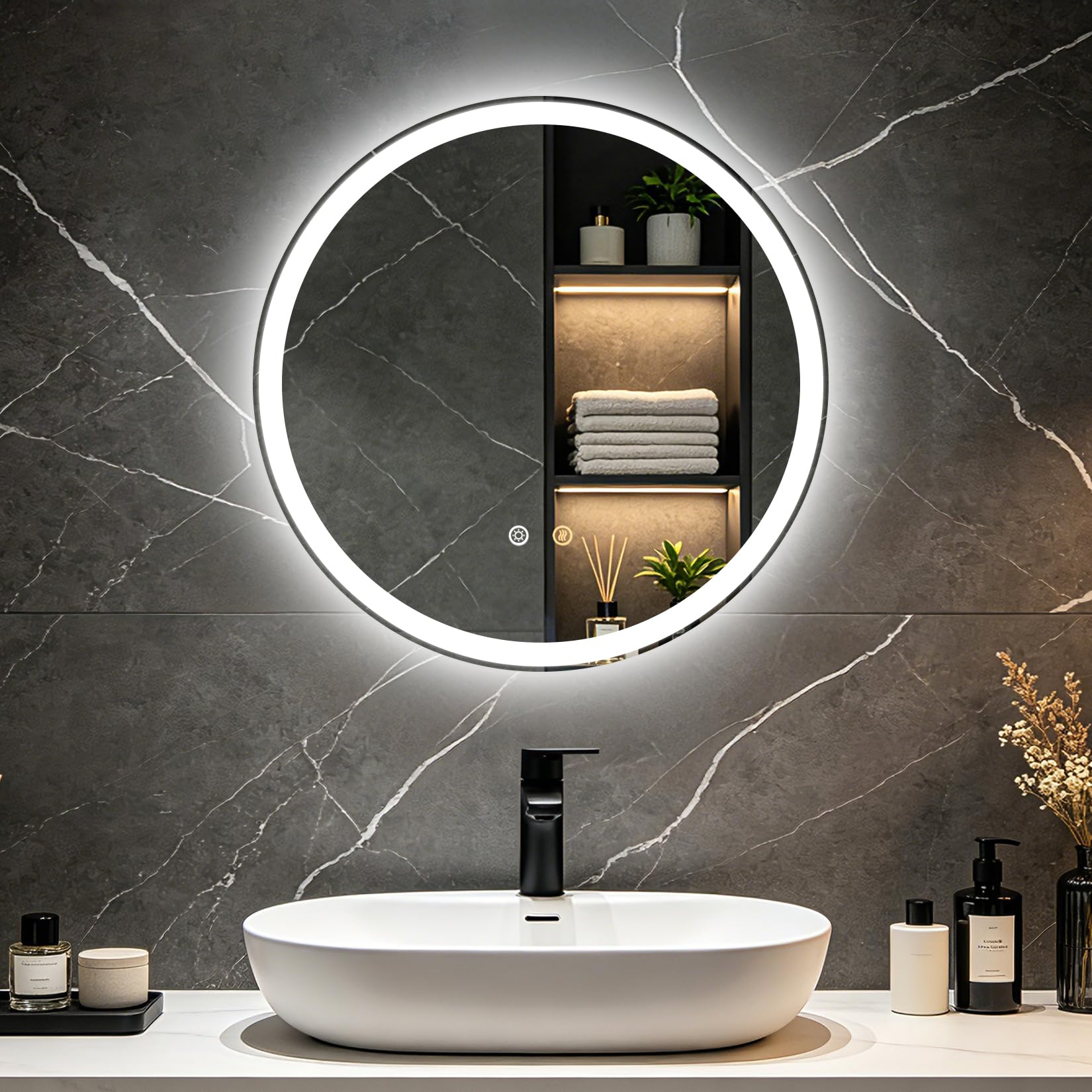 Olyvren 50 cm runder Badezimmerspiegel mit LED-Beleuchtung, Wandmontage
