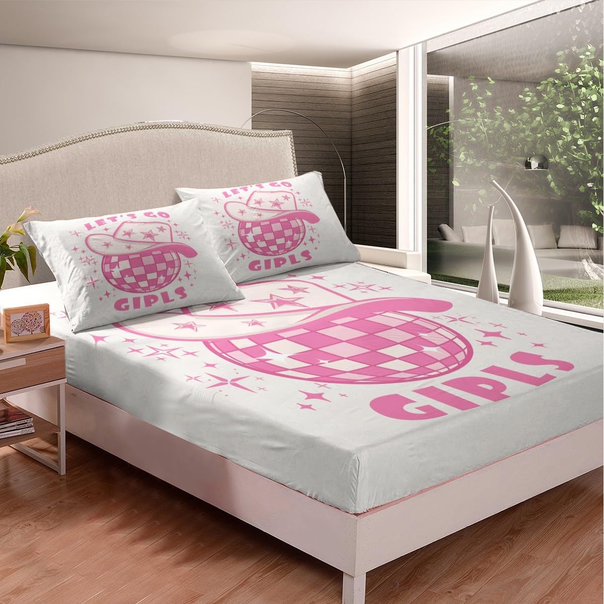 Pink Disco Cowgirl Fitted Sheet Queen Size Cowboy Hat Bedding Set Retro Western Sheet Set,Western Cowboy Bed Cover Ultra Soft Breathable Bedding 3 Pcs for Kids Teens Boys