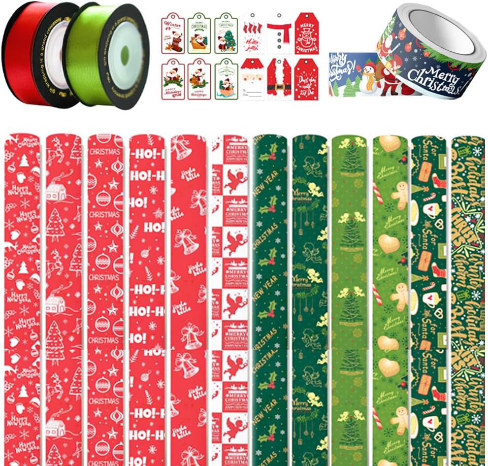 HANGDENGO Vintage Christmas Gift Wrapping Paper, Pack of 12 sheets Papers, Classic Red and Green Holiday Decor