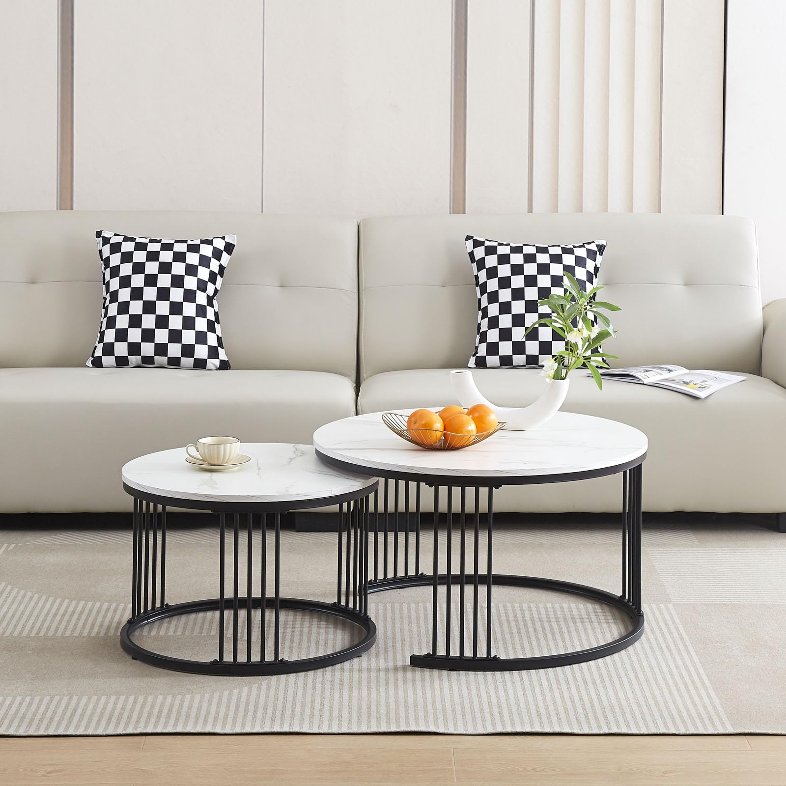 Set di 2 Tavolini Salotto Rotondi Moderni, Impilabili Salvaspazio, Struttura Metallo, Piano Marmo Impermeabile, 80cm+60cm, Bianco e Nero