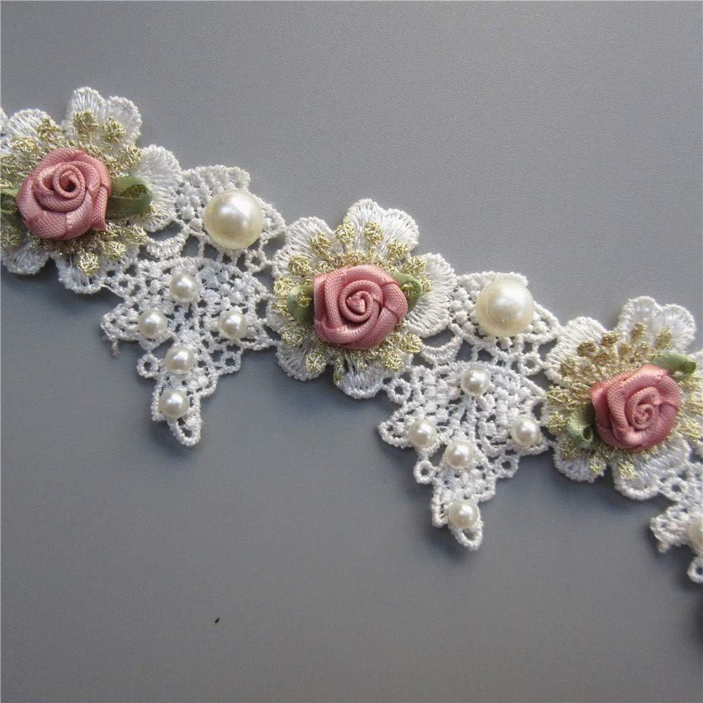 1 Yard Vintage Gold Pearl Rose Flowers Embroidered Lace Trim Fabric Floral Appliques Lace Ribbon Bridal Ornaments Handmade DIY Sewing Supplies Craft for Costume Hat Decoration 1.96" Wide