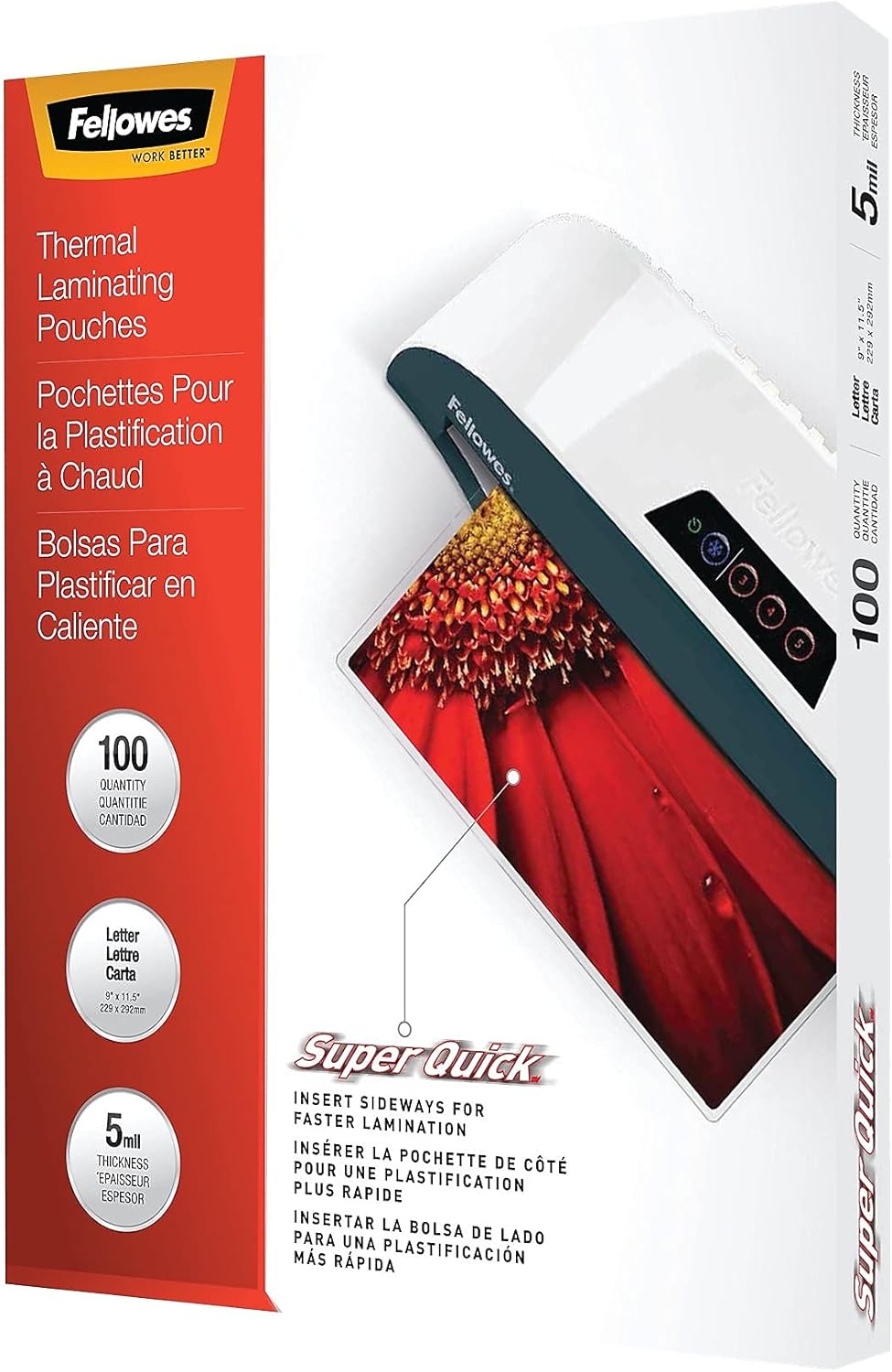 Fellowes Laminating Pouches, Thermal, SuperQuick 11.5"(H) x 9"(W) Size, 5 Mil, 100 Pack (5223001)