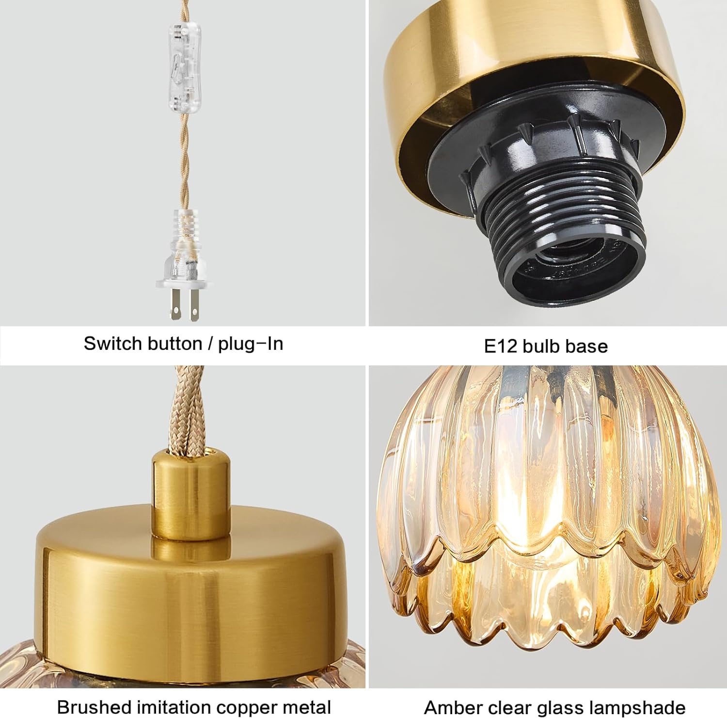 5.1 inch Plug in Pendant Light Fixtures 1-Lights Vintage Glass Hanging Lights with 197in Plug in Cord Small Gold Hanging Lamp for Kitchen Island Dining Room Bedroom Living Room, Amber E12 Base