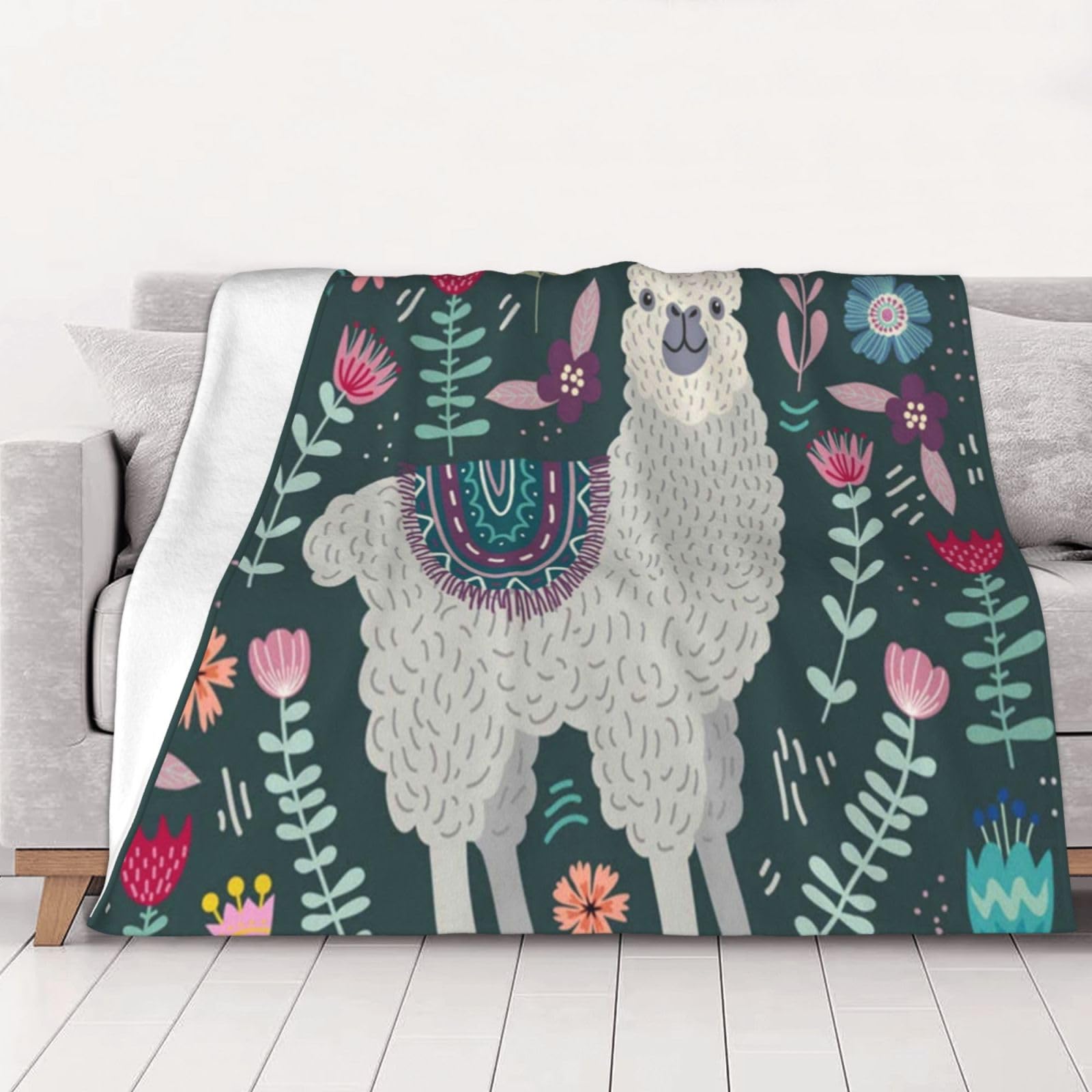 AUBKFELD Cute Llama Floral Printed Flannel Blanket 150x125 CM, Soft & Warm Throw Blanket for Sofa/Couch/Bed/Car, Gifts for Audlts Women Men
