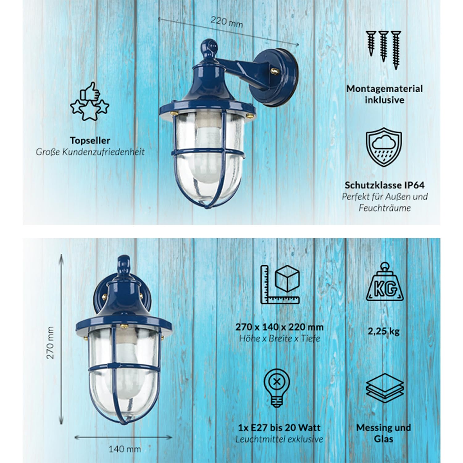 Zewnętrzna lampa okrętowa, mosiężna, niebieska, zewnętrzna lampa ścienna morska, nostalgiczna, rustykalna, IP64, D:22 cm E27, dom, ogród, lampa tarasowa