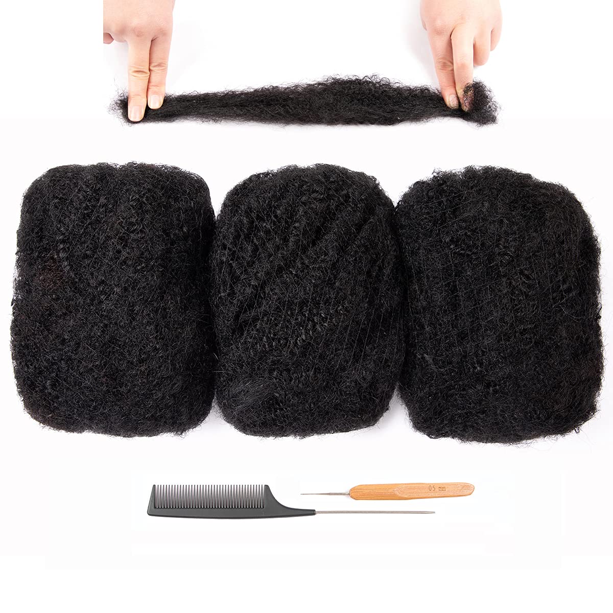 Originea 3 Packs Afro Kinkys Bulk Human Hair for Dreadlocks and Twist Braiding 150Gram Full Head 100% Human Hair Soft Afro Kinky Curly Hair Bulk for Dreads Natural Black Color (12 Inch)