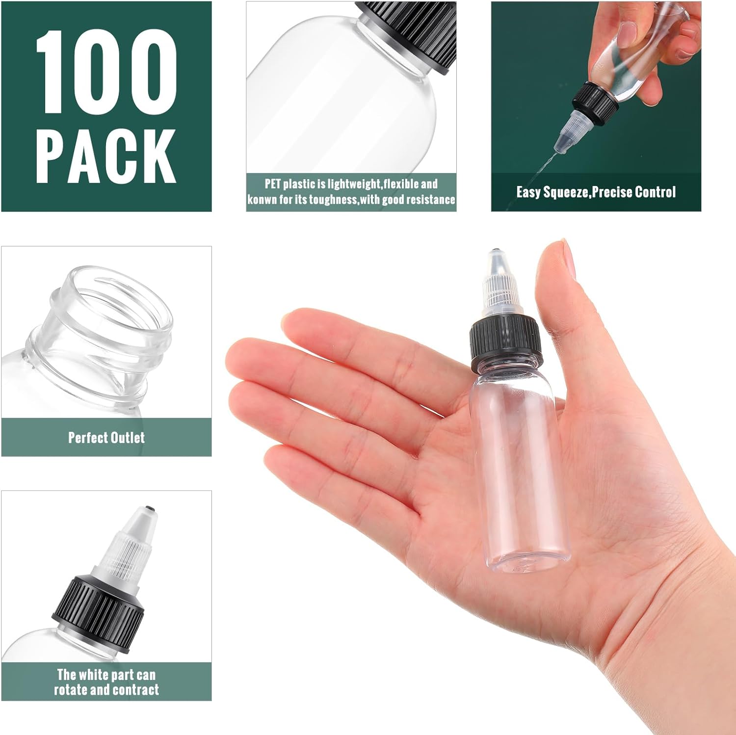 Irenare 100 Pcs 1 oz Squeeze Clear Sauce Bottles with Twist Cap Lids Empty Small Round Plastic Bottles for Oil, Liquids, Paint, Condiment Dispenser, Tattoo Ink, Hair Applicator, Crafts - Image 3