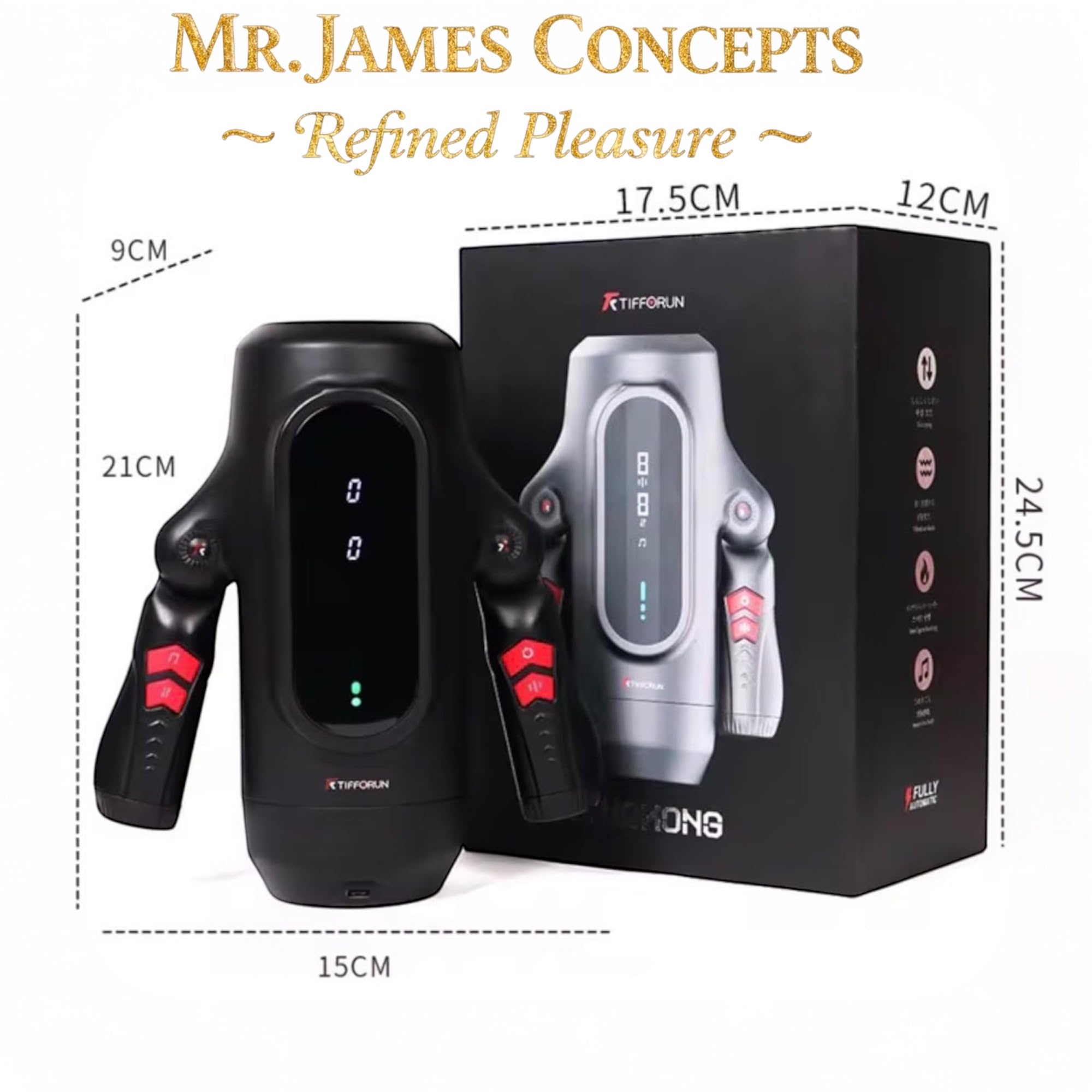 Mr. James Concepts – King K – Masturbatore maschile telescopico completamente automatico with riscaldamento, Actress Voice & LCD display – 10 – velocità ricaricabile USBe Penis Massage Machine