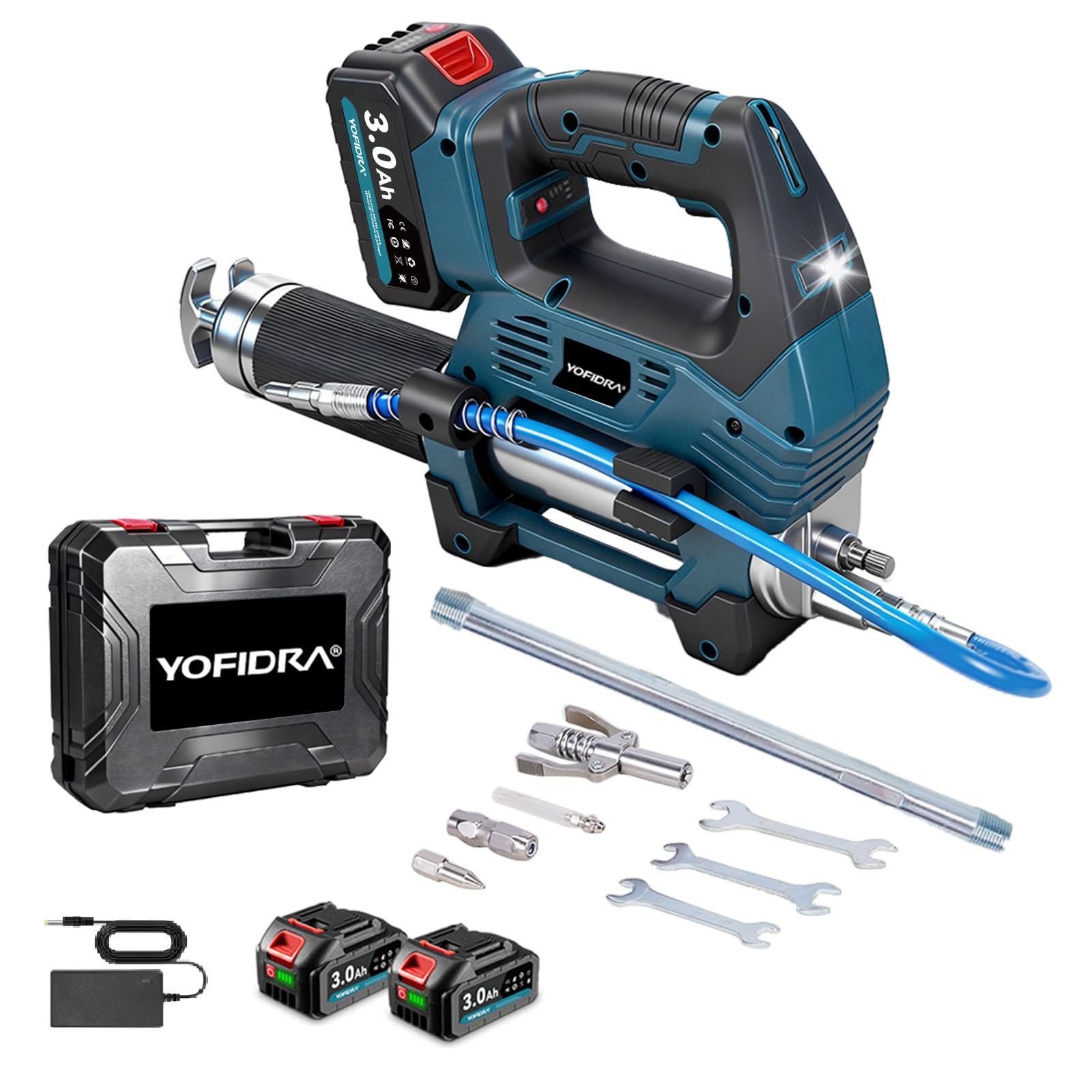 Yofidra Engrasadora Batería Kit, Pistola Engrasadora Sin Escobillas con 2 Baterías de 3.0 Ah, 12,000 PSI, Caudal de 170 ml/min, 3 Niveles, Eficiente para Tractores, Camiones y Maquinaria