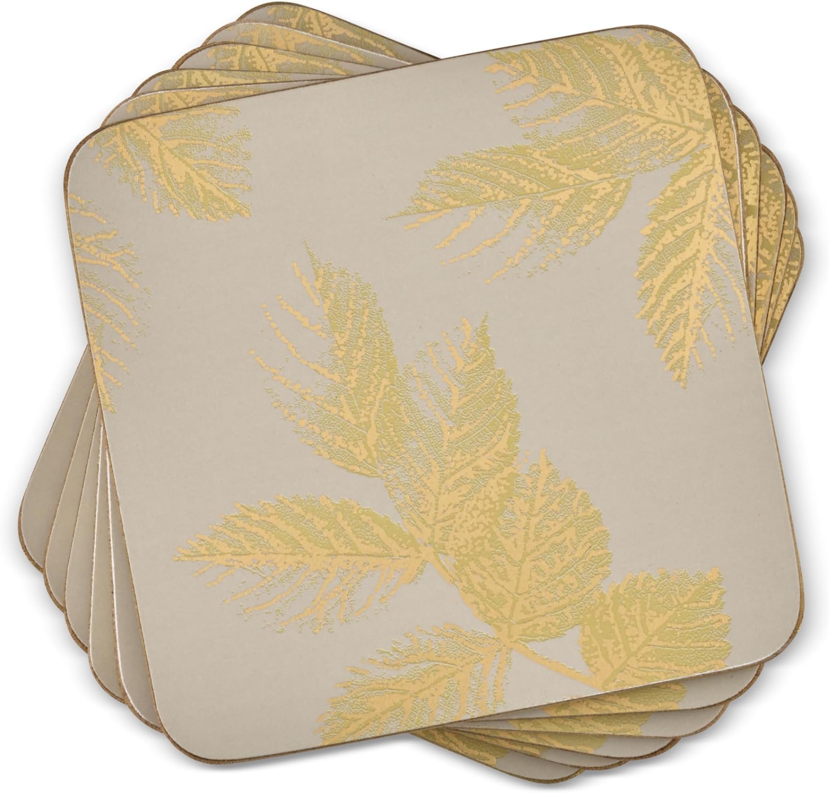 Pimpernel Sara Miller Chelsea Etched Leaves Coasters, Set of 6 – 4" Square Drink Mats with Fallen Leaf Design & Gold Foil Detail, Decorative Cork-Backed Board for Dining & Table Protection