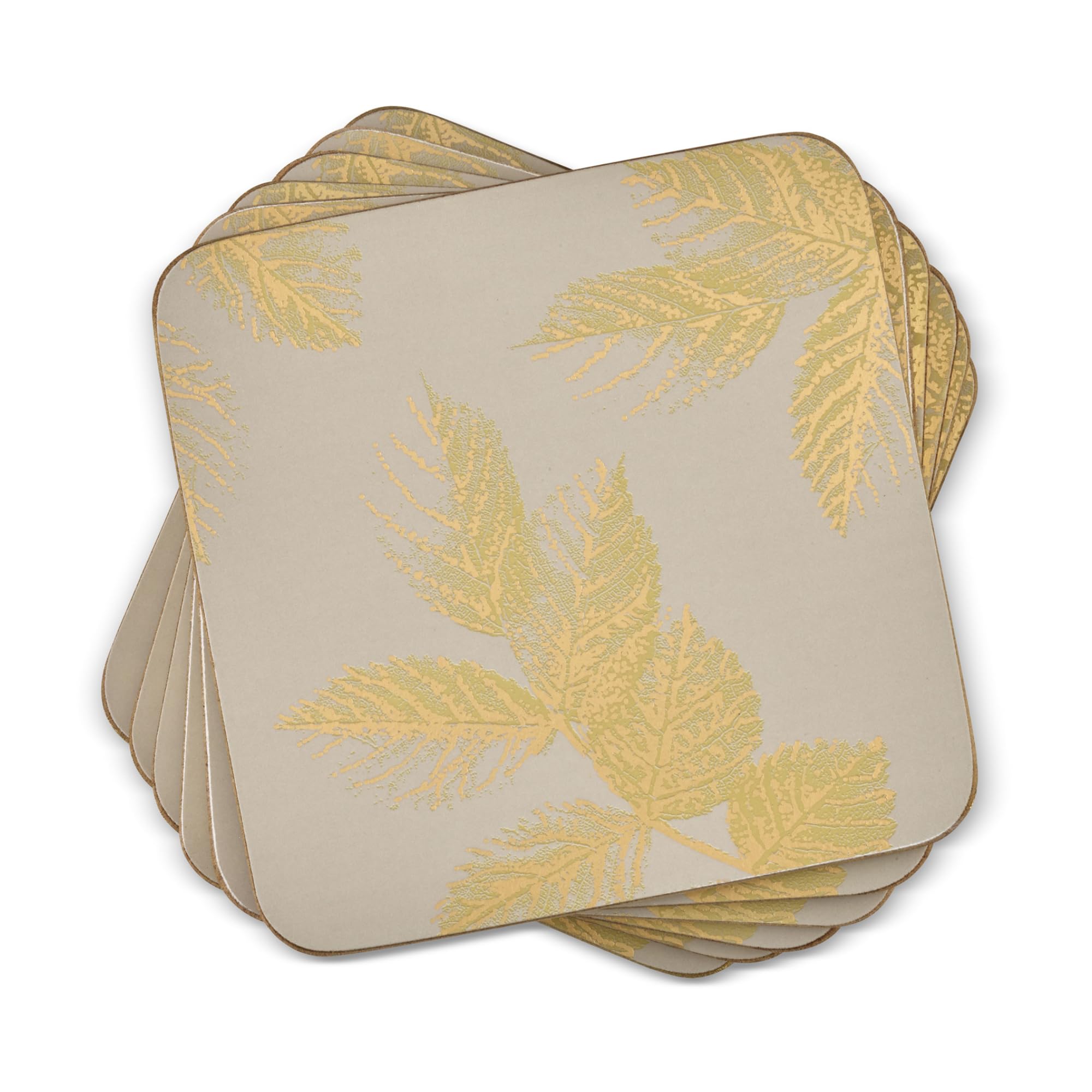 Pimpernel Sara Miller Chelsea Etched Leaves Coasters, Set of 6 – 4-Inch Square Drink Mats with Fallen Leaf Design & Gold Foil Detail, Decorative Cork-Backed Board for Dining & Table Protection