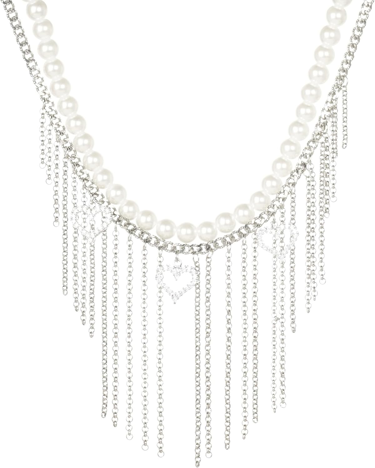 Pearl Jewelry Set For Women, Silver Jewelry Set With Stainless Steel, Diamond Heart Necklaces For Women, Pearls Necklaces For Women,Pearl Jewelry For Mom Wife Set Of 2