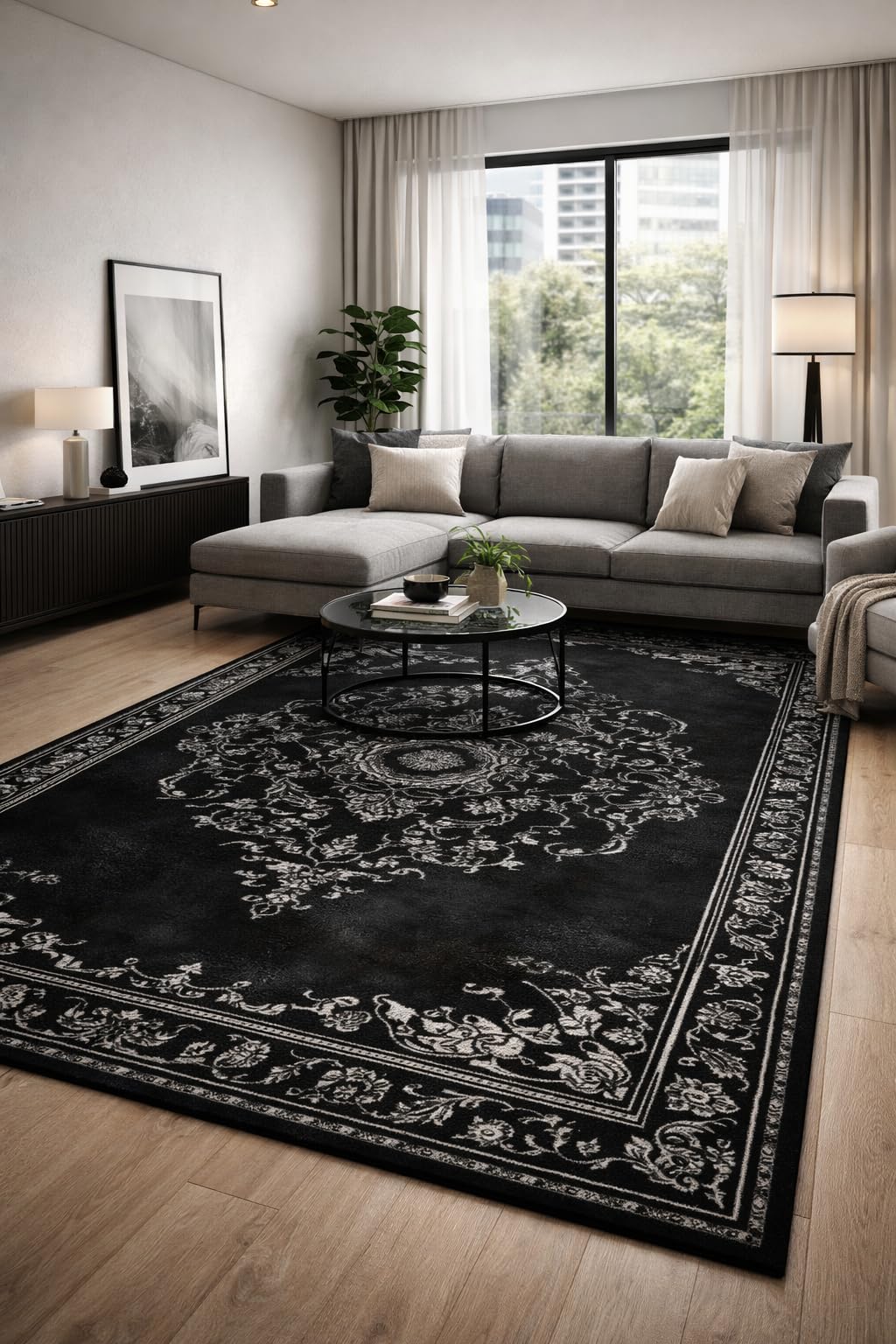 wisemandesign Black and Silver Ornate Area Rug, Luxury Victorian Damask Carpet, Dark Gothic Bedroom Decor, Elegant Vintage Living Room lyk1044 62X82inch//160x210Cm