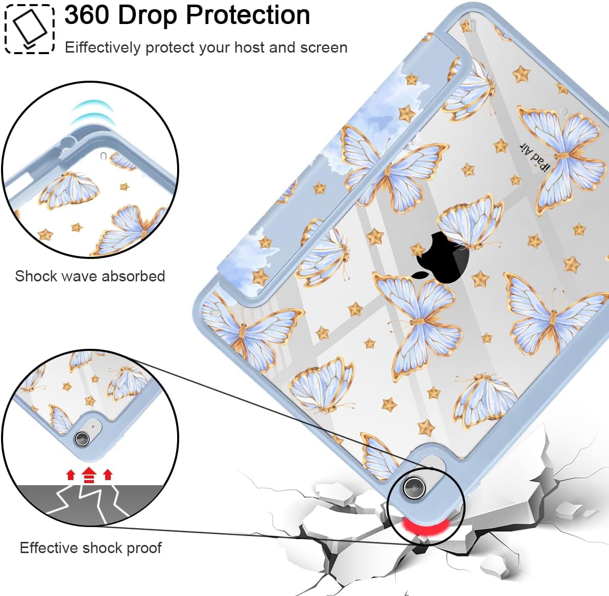 Tuiklol Case for iPad Air 11 Inch (M3 2025/M2 2024) / iPad Air 10.9 Inch 2022 2020 Air 5th /4th Gen, Buit in Pencil Holder with Shockproof Cover Clear Transparent Back Auto Wake/Sleep, Butterfly Blue - Image 6