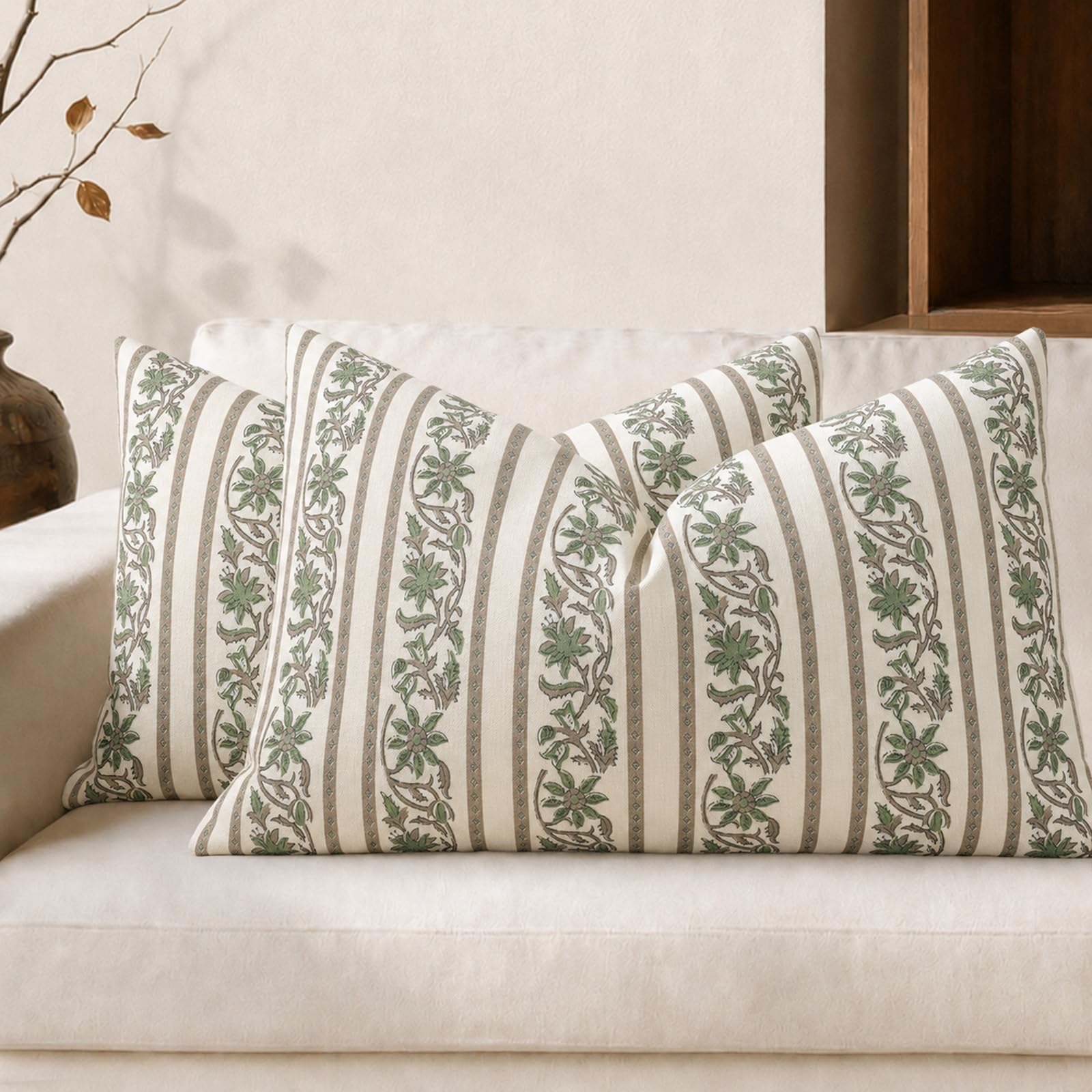 YCOLL Vintage Botanical Vine Cushion Covers 30x50 cm Set of 2 Floral Country Farmhouse Decorative Throw Pillow Covers Sofa Scatter Cushions for Living Room Bedroom Home Decor Moss Green