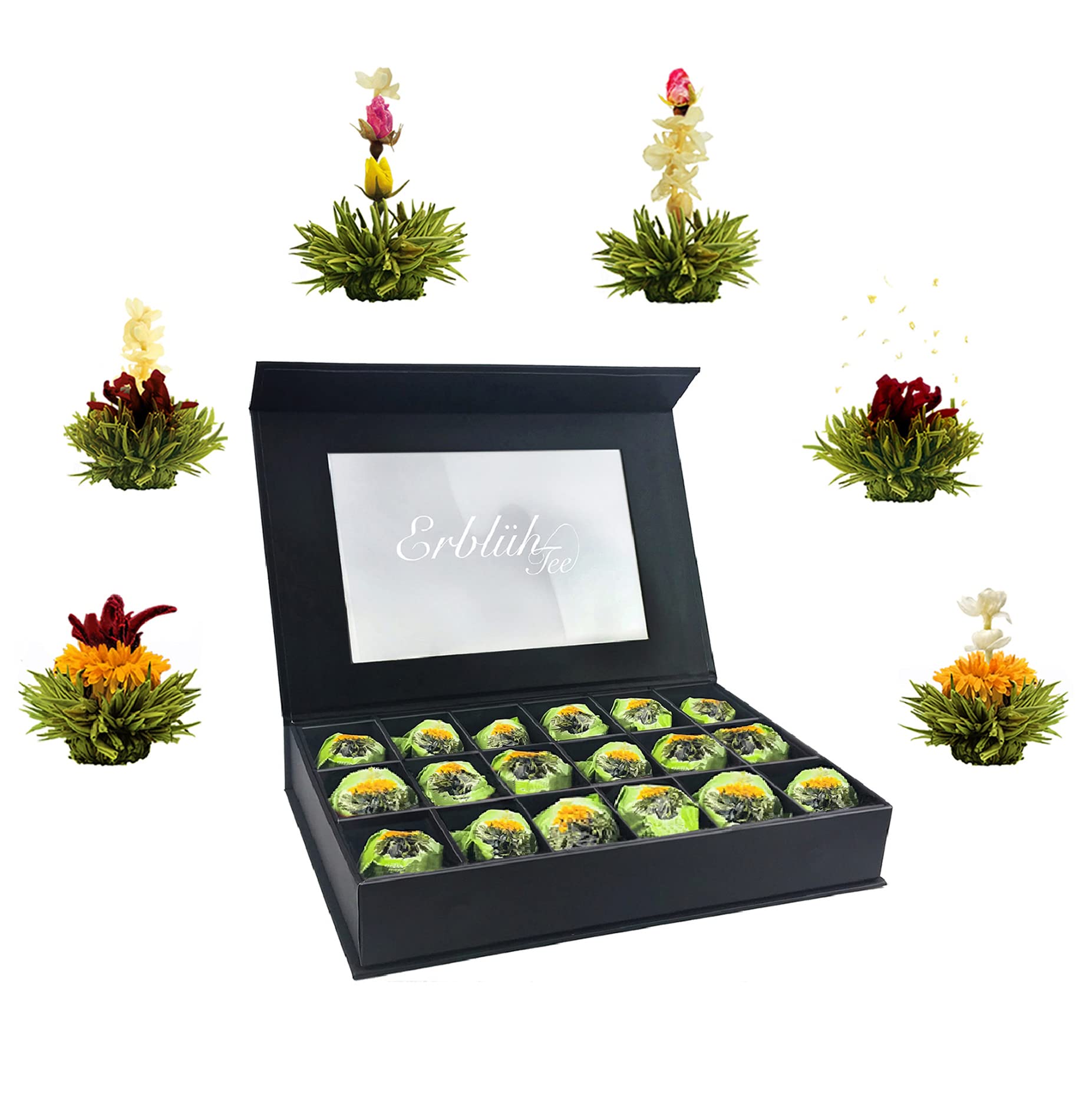 Set regalo di fiori di tè - tè verde - in una nobile scatola magnetica con finestra e goffratura argento 18 x Tè verde