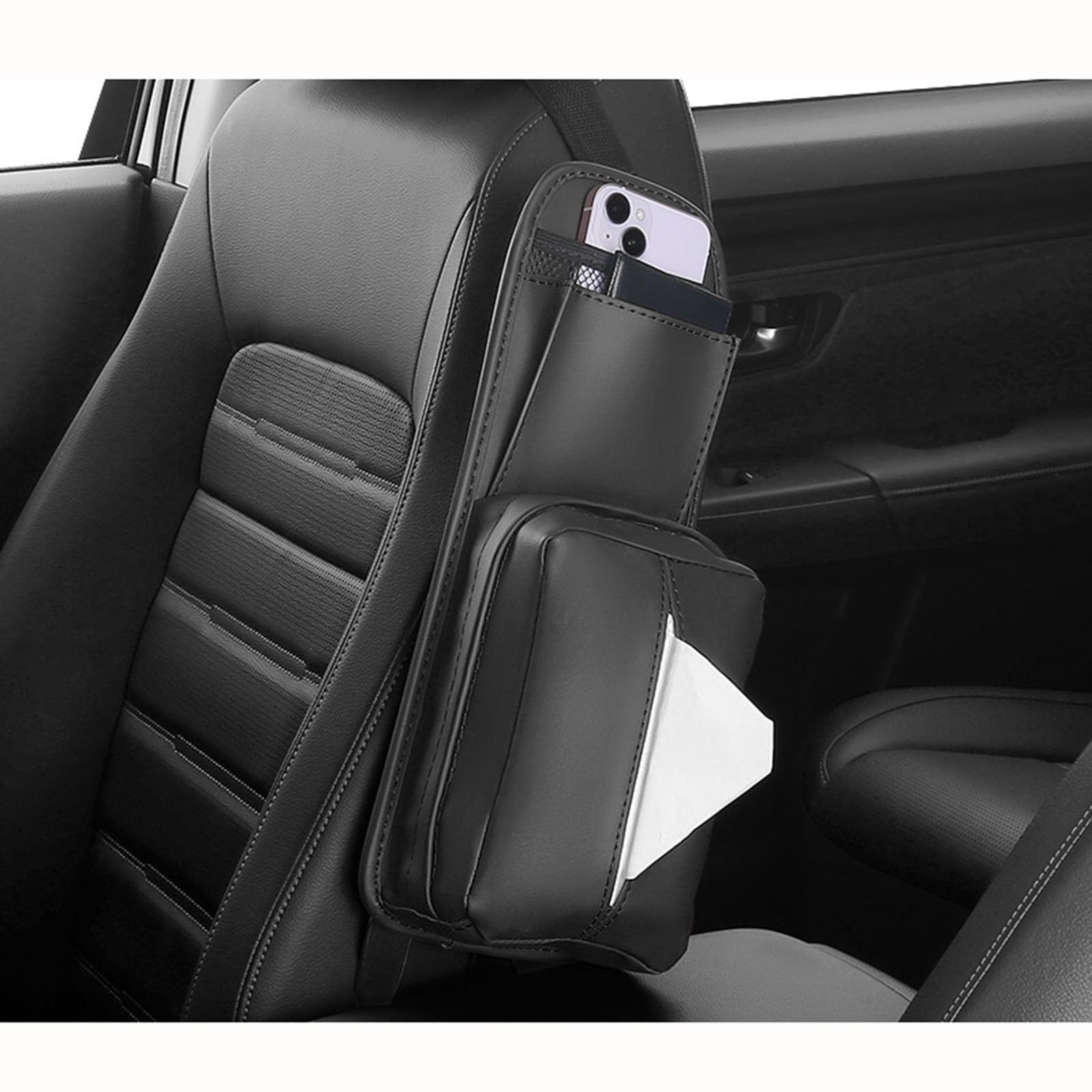 ADUYHCZ Car Seat Side Organizer, For Citroen C2 C3 C4 C5 C6 C3-XR C4X C5X C5 Leather Car Tissue Holder with Phone Pocket, Premium Seat Hanging Storage Bag,Black