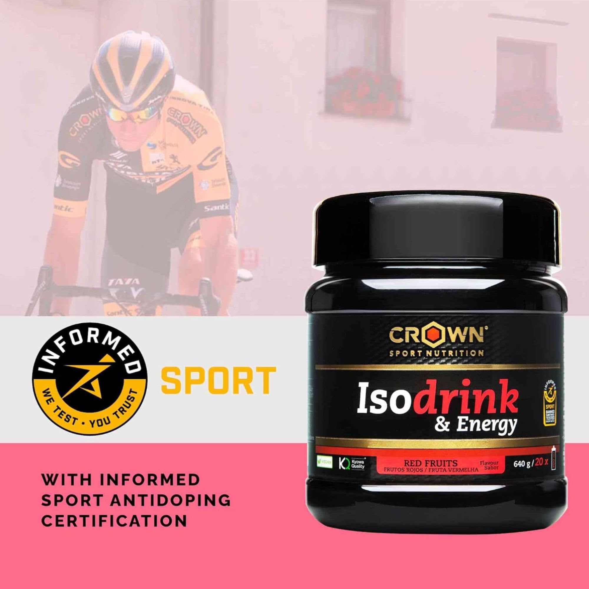 Crown Sport Nutrition Isodrink & Energy | Isotónico en Polvo Carbohidratos | BCAA Glutamina Electrolitos | Bebida Isotónica Sales Minerales | Bote 640 g 20 Tomas | Frutos Rojos | Vegano