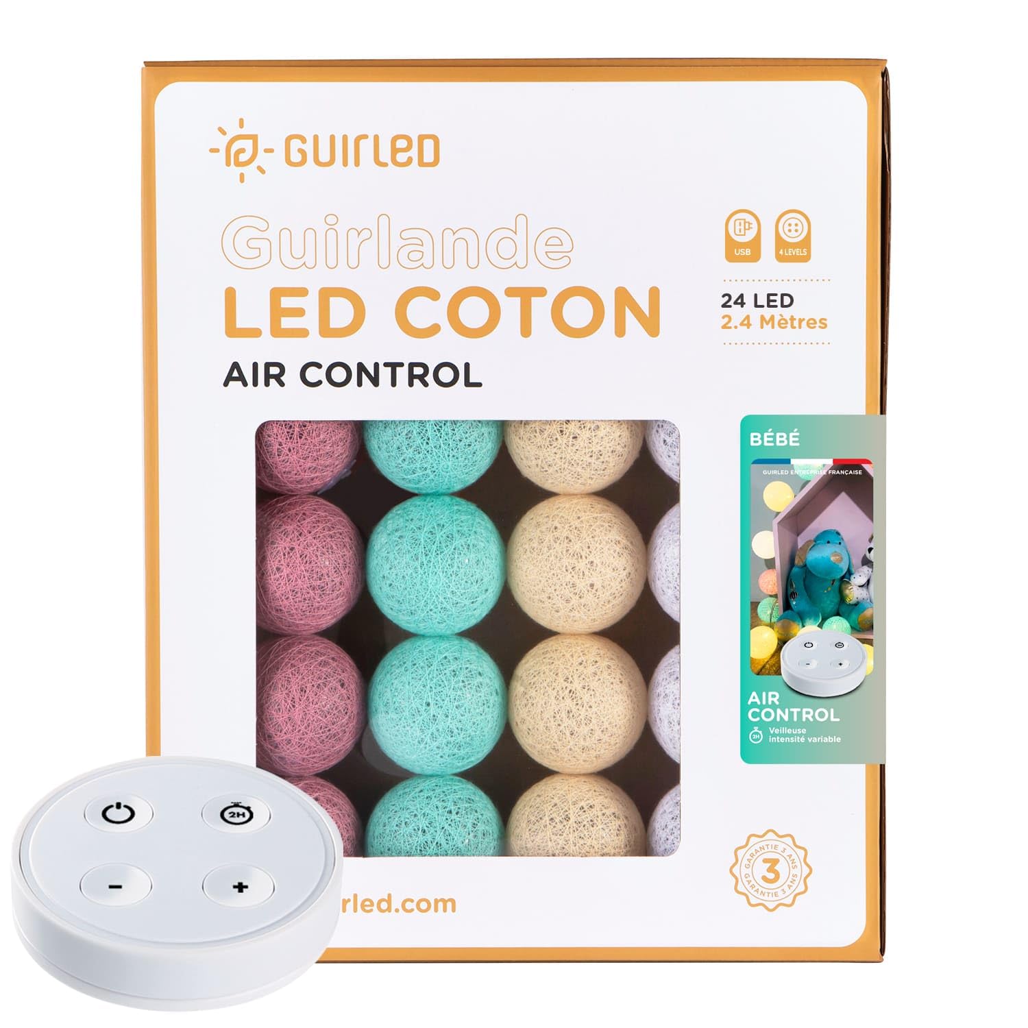 GuirLED - Guirlande lumineuse boules coton LED USB - Télécommande sans fil - Veilleuse bébé 2h - Adaptateur secteur double USB 2A inclus - 4 intensités - 24 boules 2.4m - Bébé