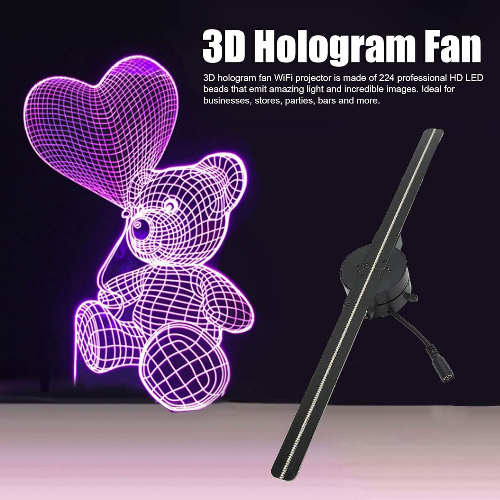 Projecteur Hologramme 3D Résolution 2000X224 - Projecteur Vidéo Holographique - Affichage par Télécommande Ventilateur 41,9 cm pour Bar Et Magasin Noël Animation Vidéo Image Halloween