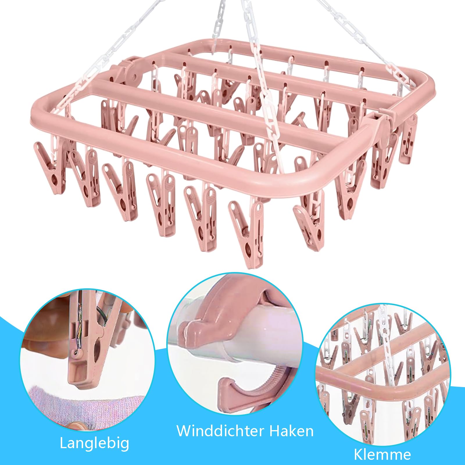 Tendedero Plegable Para Calcetines: 2 Piezas De 10 Clips Cada Una, Acero Inoxidable, Gancho Giratorio Antiviento