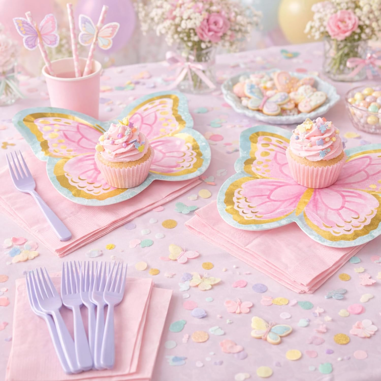 HOME & HOOPLA Butterfly Party Supplies - Metallic Gold, Pink, and Purple Butterfly-Shaped Paper Plates, Beverage Napkins, and Forks (Serves 16)