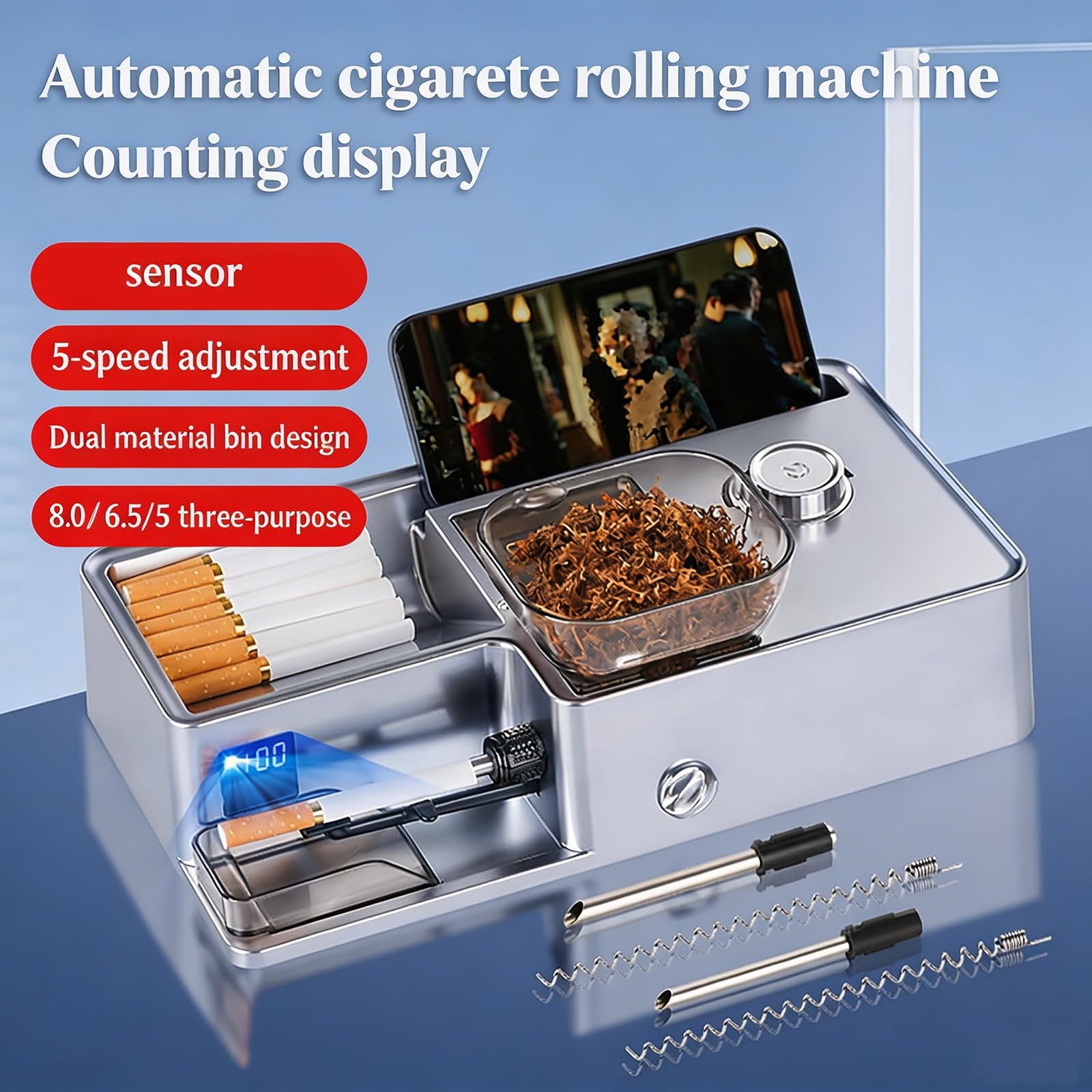 MObyat Macchina Automatica per Arrotolare Sigarette da 5,5/6,5/8,0 Mm, con Display Digitale, 5 velocità Regolabili, Doppio Vano Portaoggetti, Spegnimento Automatico Intelligente E Conteggio