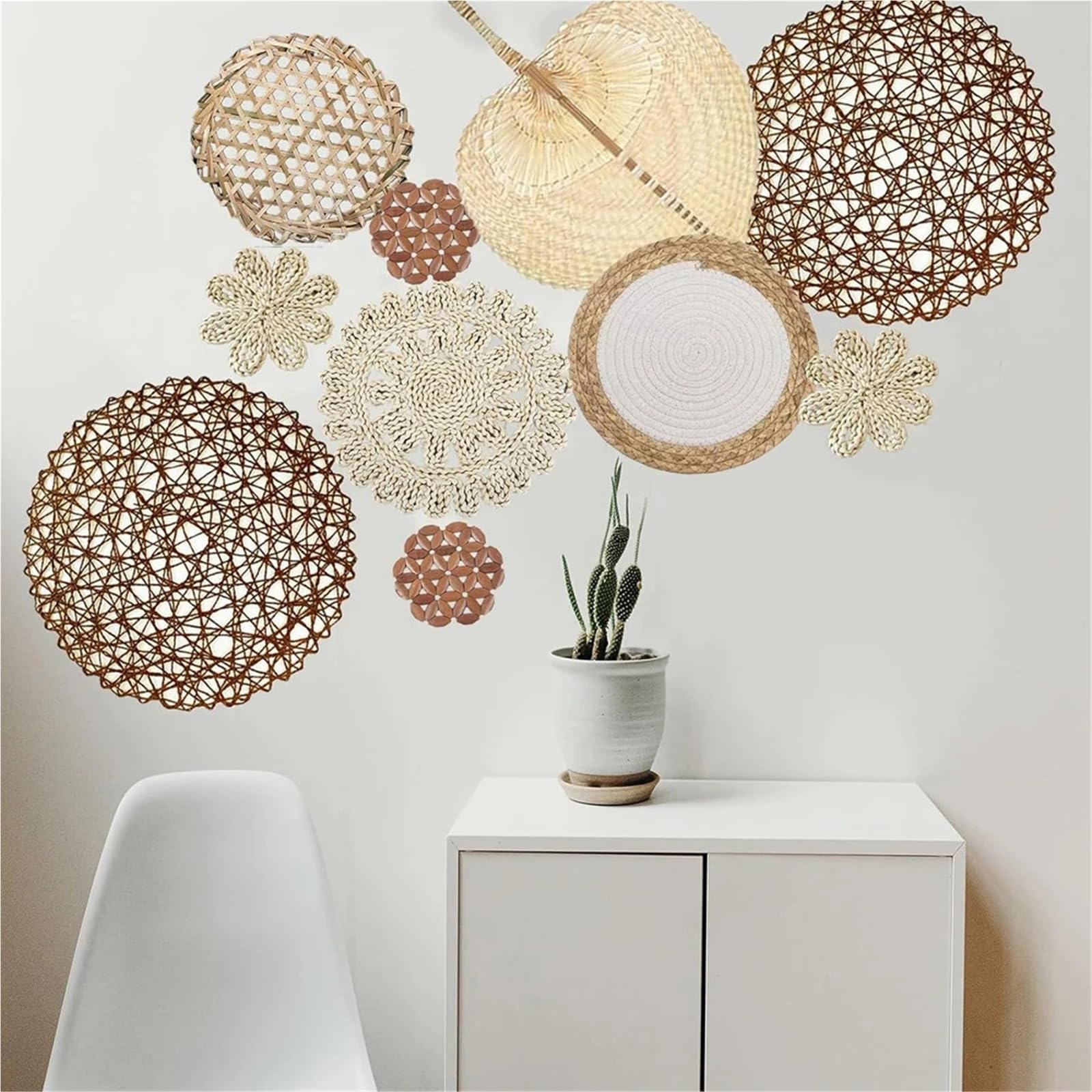 Cesta Mural de ratán Cesta de decoración de Pared Natural, decoración de Pared Redonda de ratán Hecha a Mano, decoración Colgante de Pared de Granja for Dormitorio y Sala de Estar, 10 Uds.