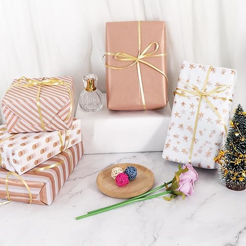 Miniatura 6 de BEISHIDA 100 hojas de papel de seda de oro rosa y blanco a granel, papel de seda de rayas de sarga con puntos de oro rosa para bolsas de regalo,