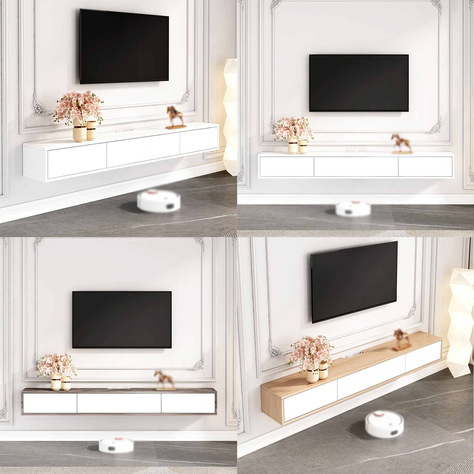Versátil soporte de pared gris para TV, estante flotante con amplio almacenamiento, alta capacidad de carga, se adapta a la mayoría de televisores (100 x 22 x 21 cm), ideal para decoración de sala de