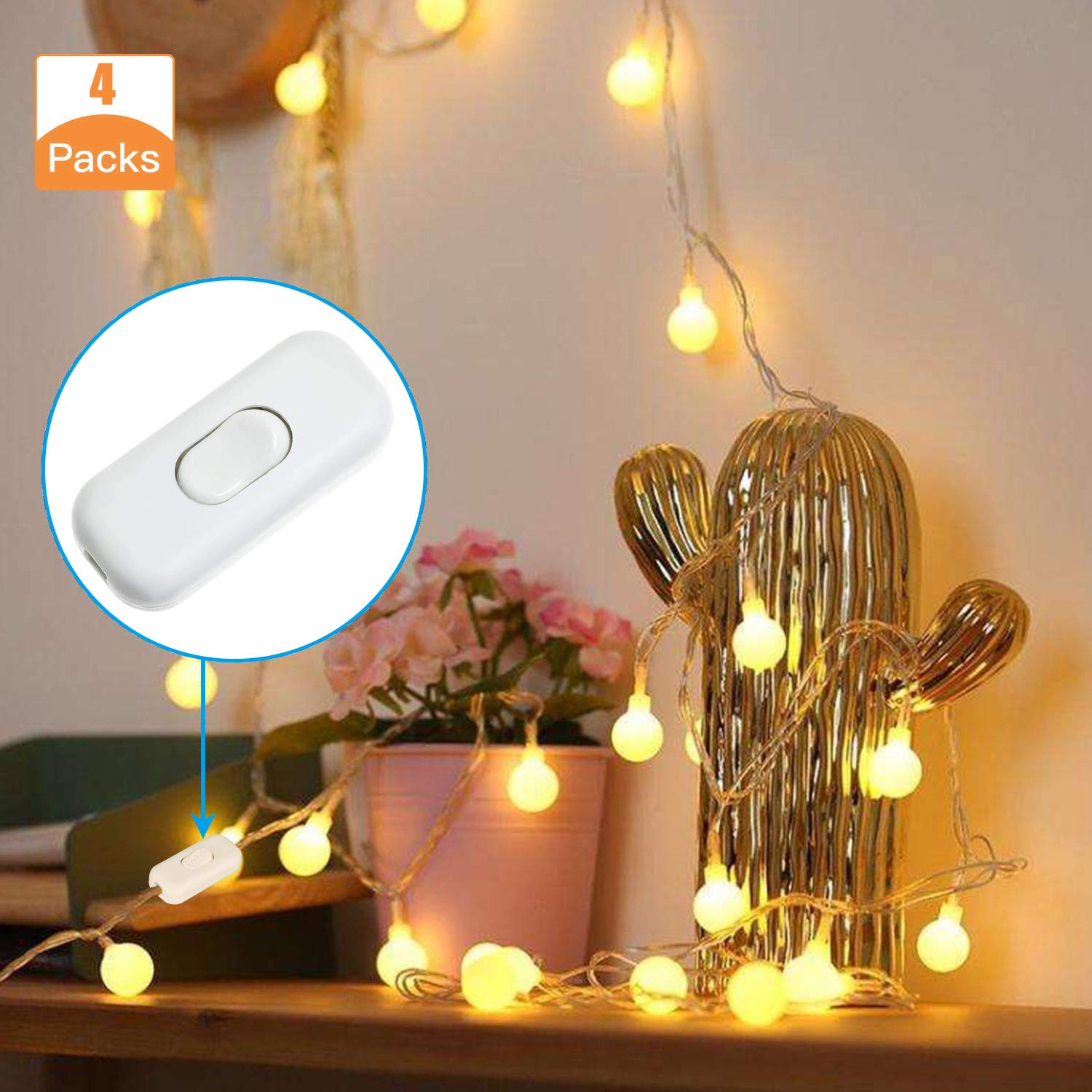 Inline Cord Switch, PLUSPOE 4-Pack On Off Button Control Lamp Appliance Switch for Bedroom Table Lamp Desk LED Lights,White