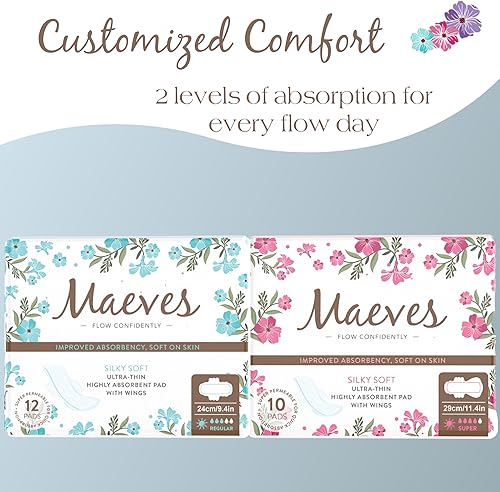 Miniatura 2 de Maeve's Pads - Servilletas sanitarias ultrafinas con alas para cuidado femenino, regular y súper pesado, 22 unidades