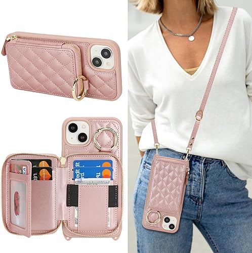 Miniatura 19 de Funda tipo cartera con bandolera para iPhone 15 Pro Max, funda de piel sintética con cierre de cremallera, funda tipo atril con ranuras para Oro