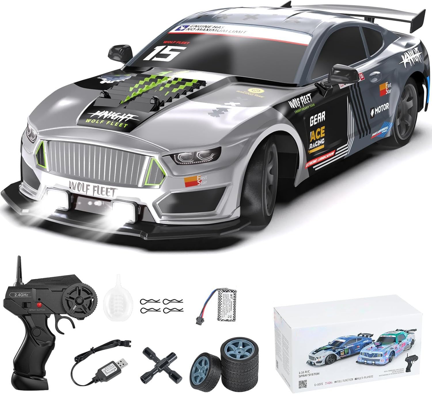Skala 1/24 Rc Drift Car 4wd High Speed Pilot Racing Car Ze światłami Led I Opryskiwaczem, Opony Wyścigowe Do Driftu, Prezent Urodzinowy Dla Chłopców