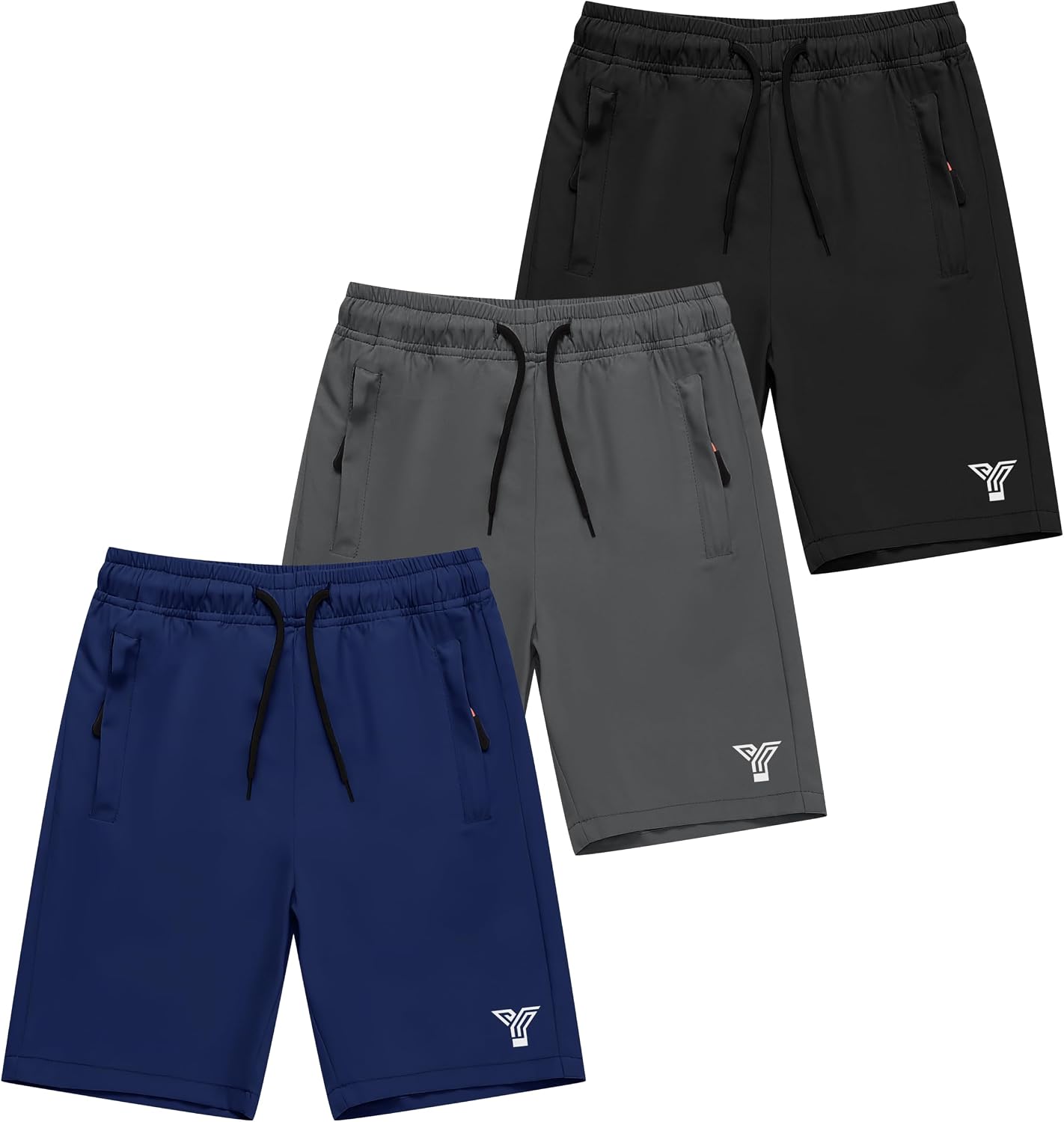 3 Pack Athletic Shorts Boys Zipper Pockets Sport Shorts Set