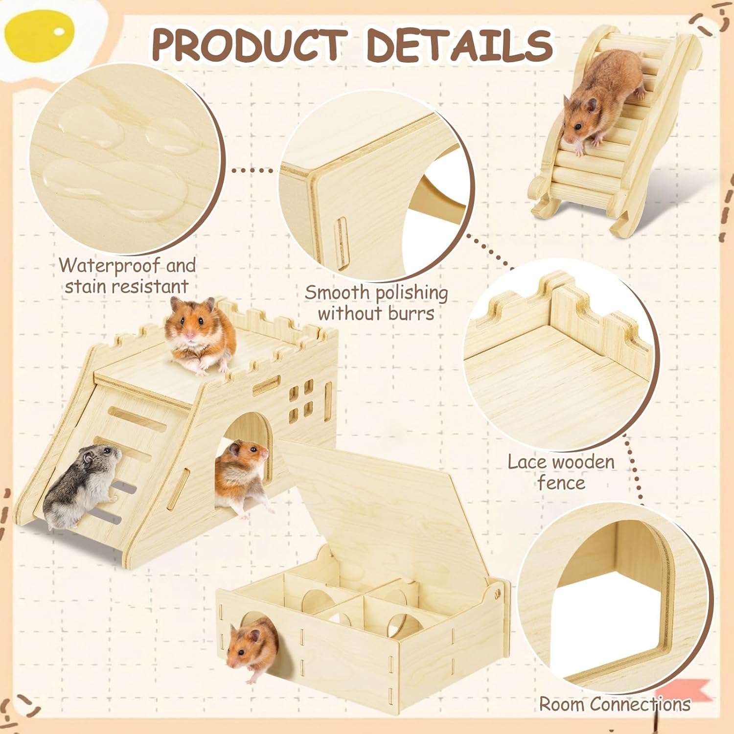 BreezeHug 4 Pcs Hamster Platform Hideout Wooden Tunnel Ladder Playhouse Hamster Game Climbing Toy with Platform Cage Accessories for Small Pets Dwarf Syrian Mice Degus Gerbils Squirrel(Castle)